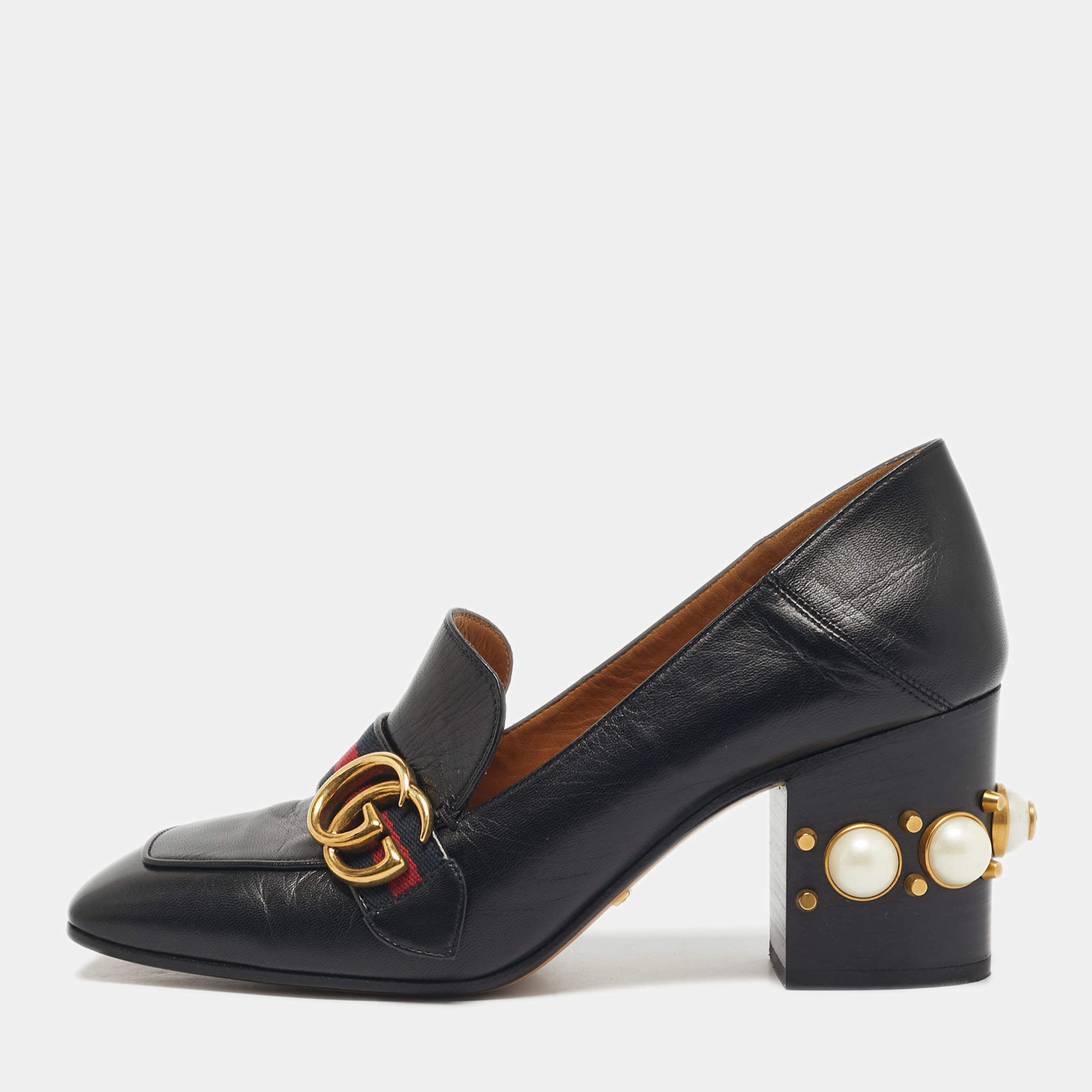 Pre Owned حذاء كعب عالي غوتشي مزين لؤلؤ جي جي مارمونت جلد أسود مقاس 39.5