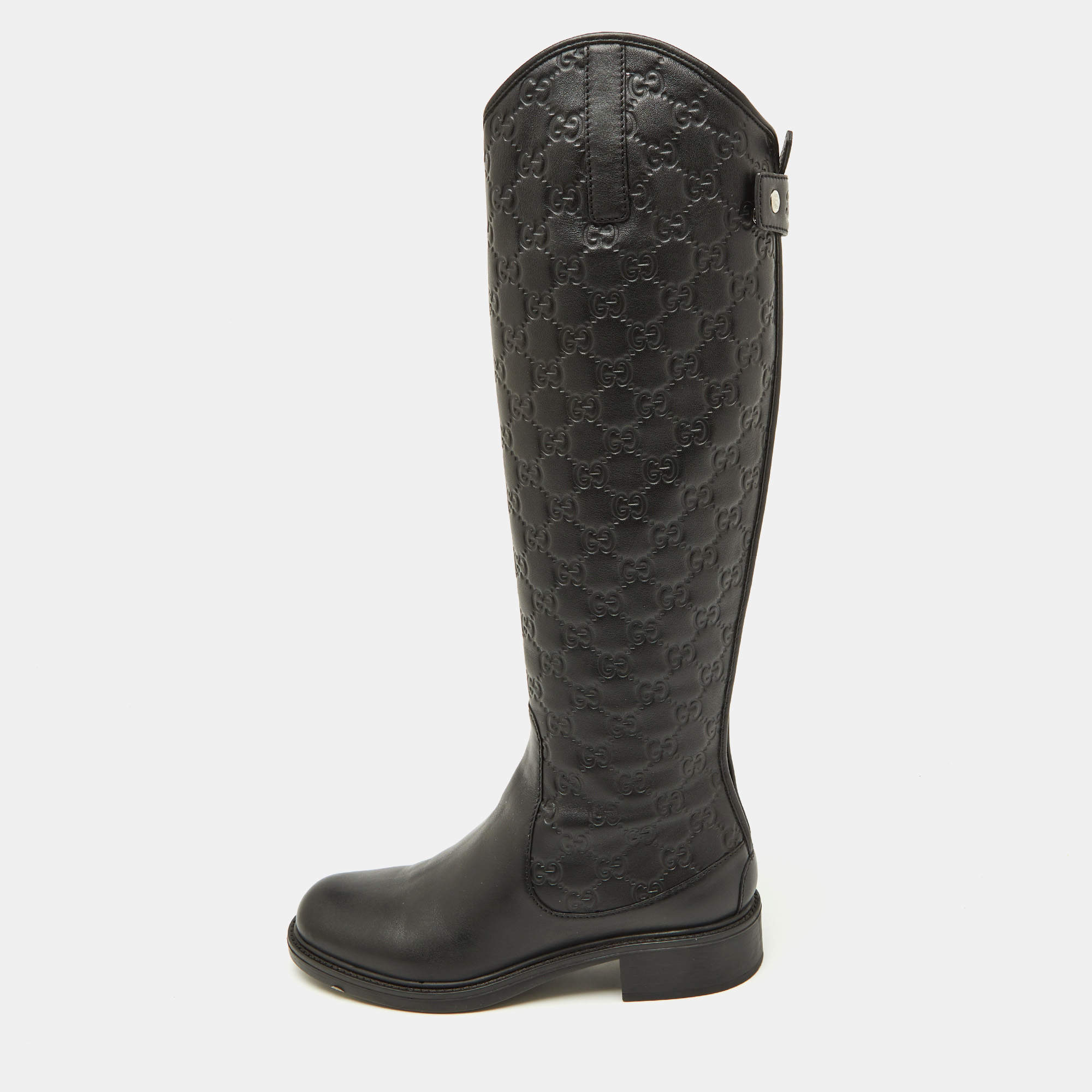 Pre Owned Gucci Black Guccissima Leather Knee Length Boots Size 37.5