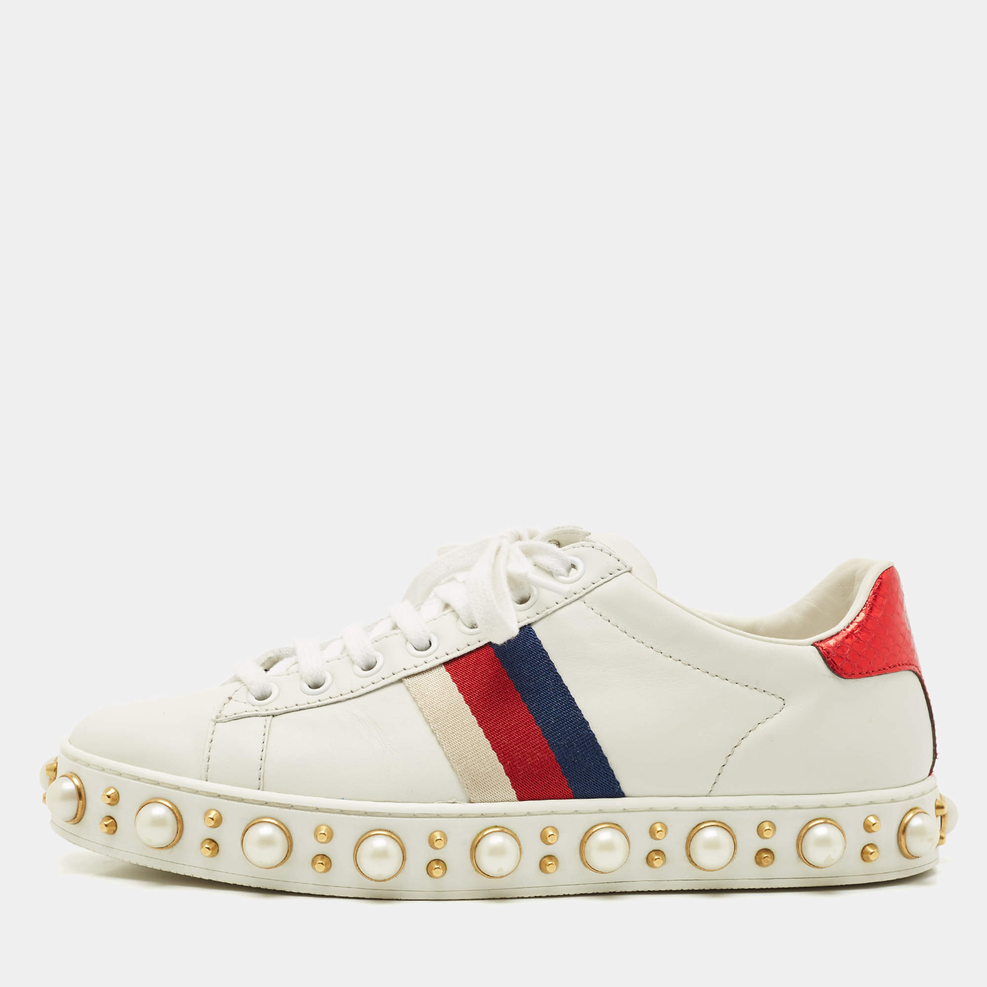 Pre Owned Gucci White Leather Pearl Studded Ace Sneakers Size 37