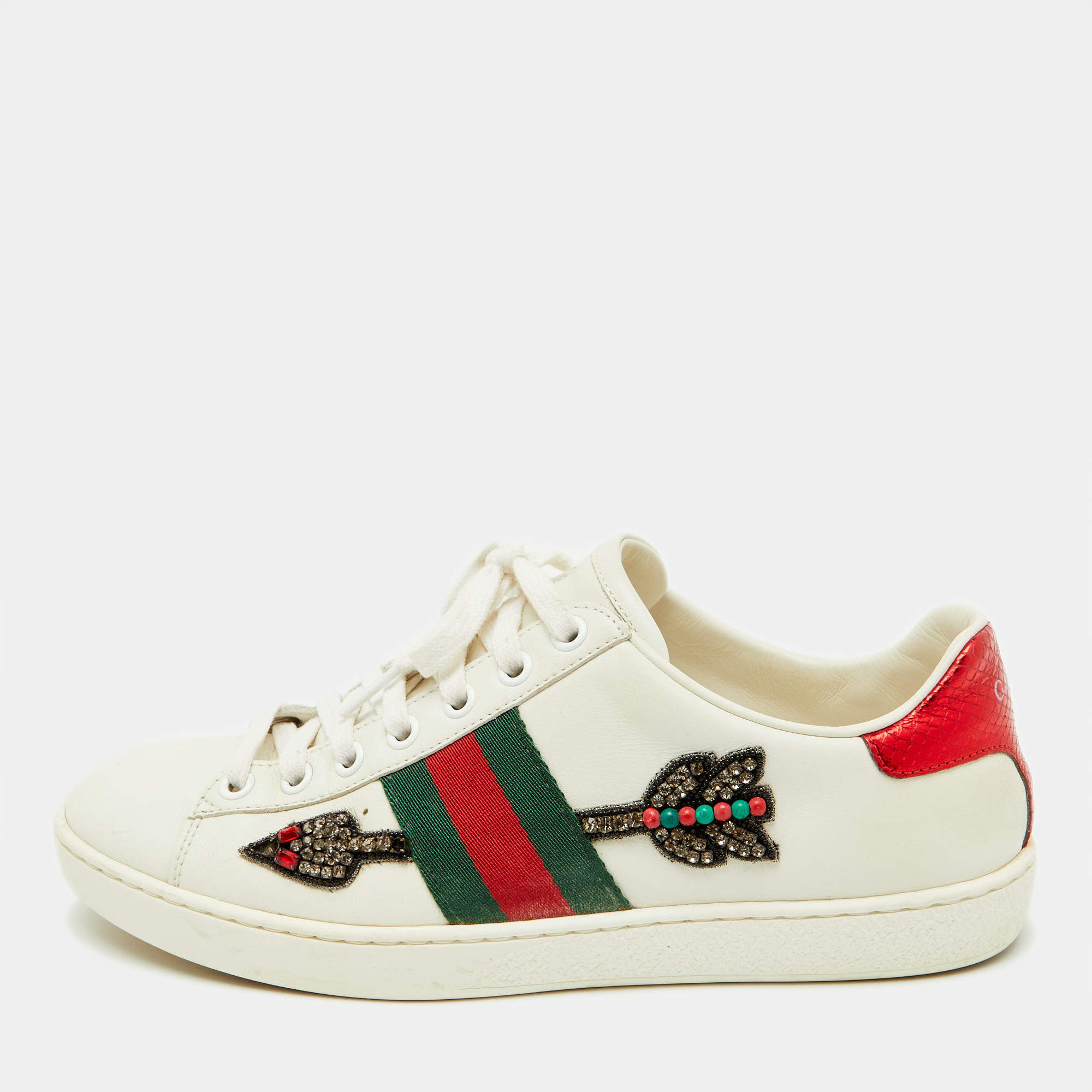 Pre Owned Gucci White Leather Arrow Embellished Ace Sneakers Size 36.5