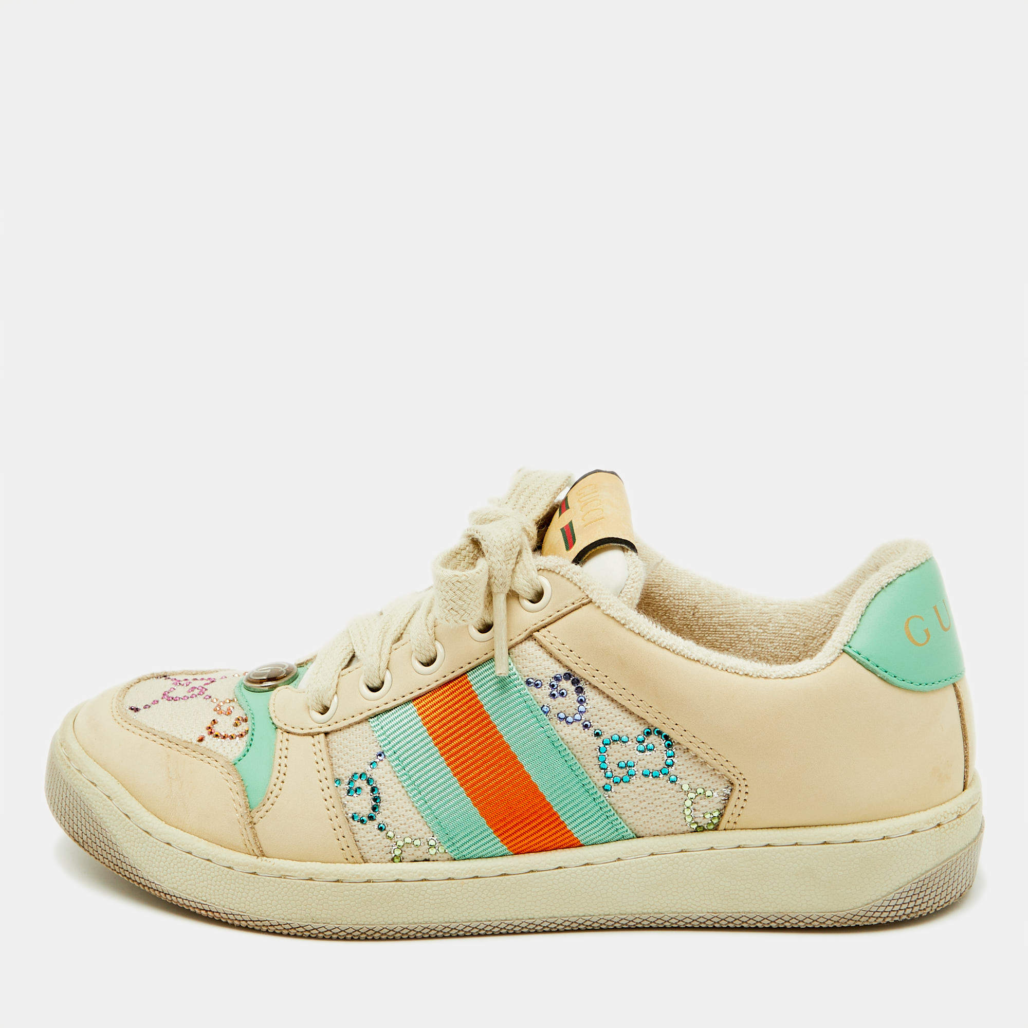 Pre Owned Gucci Multicolor Nubuck Leather and Crystal GG Canvas Screener Sneakers Size 36