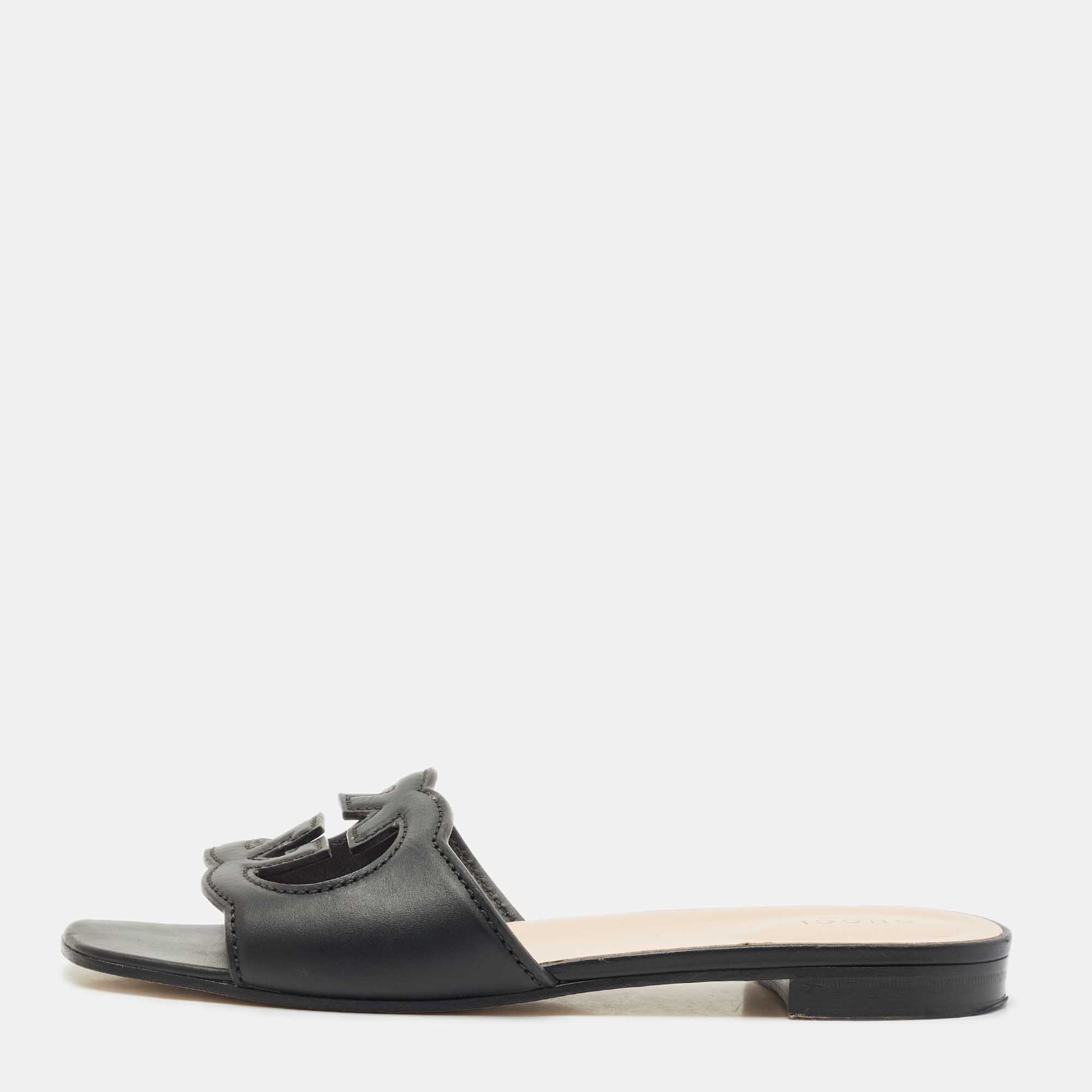 Pre Owned Gucci Black Leather Interlocking G Cut Out Flat Slides Size 38.5