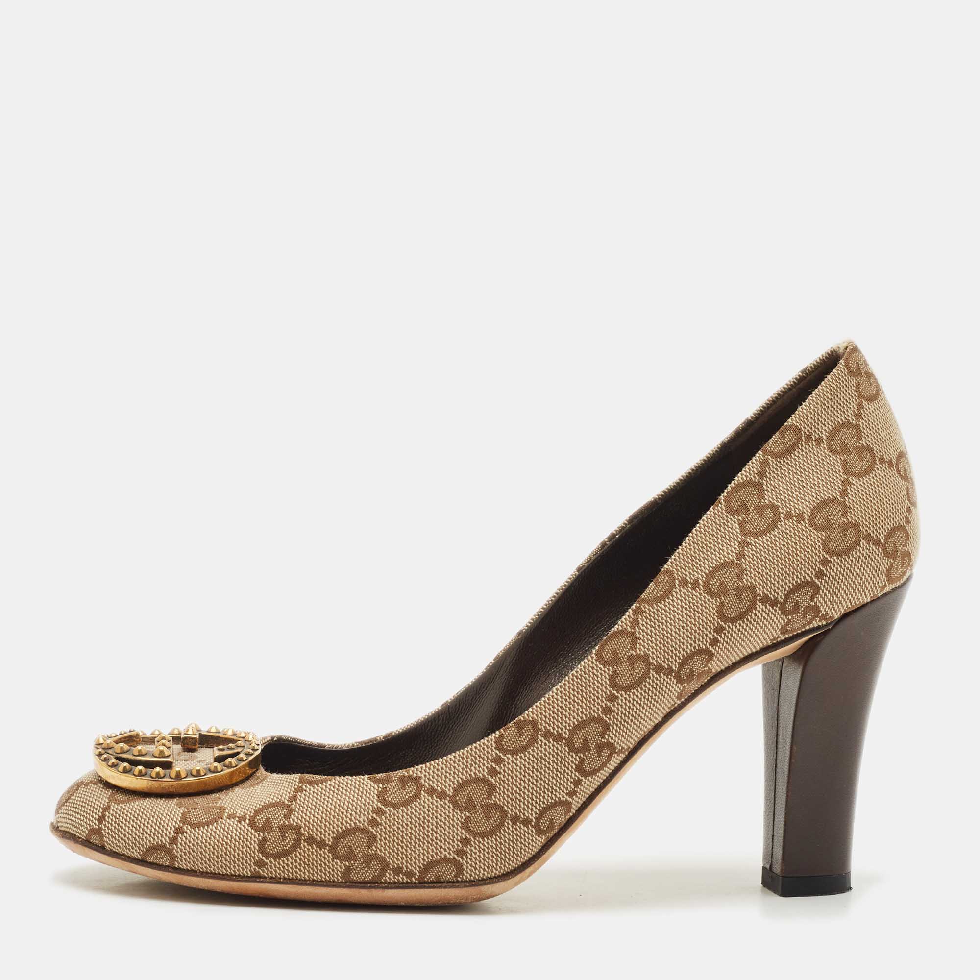 Pre Owned Gucci Beige/Brown GG Canvas and Leather Logo Peep Toe Pumps Size 38