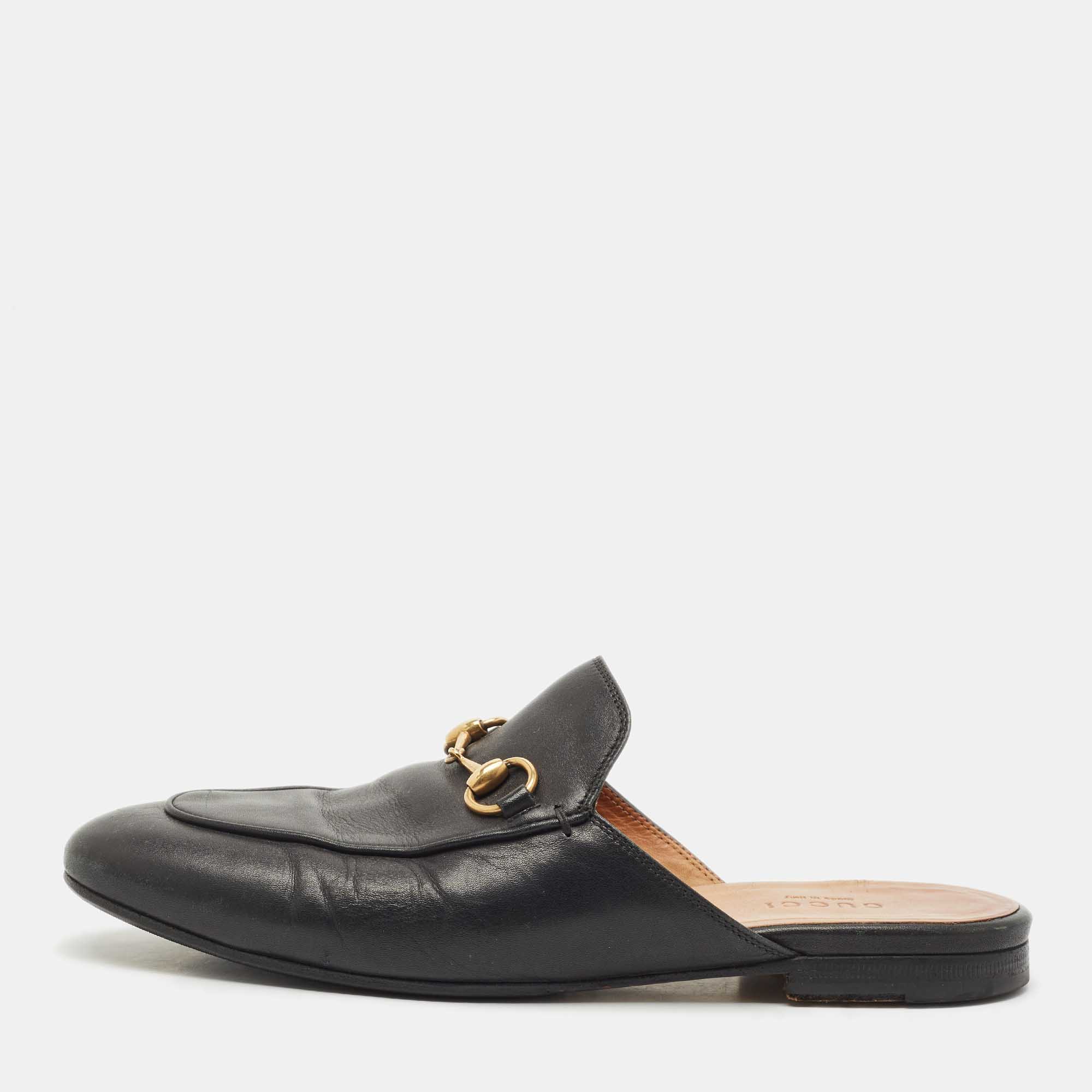 Pre Owned Gucci Black Leather Princetown Horsebit Flat Mules Size 36.5
