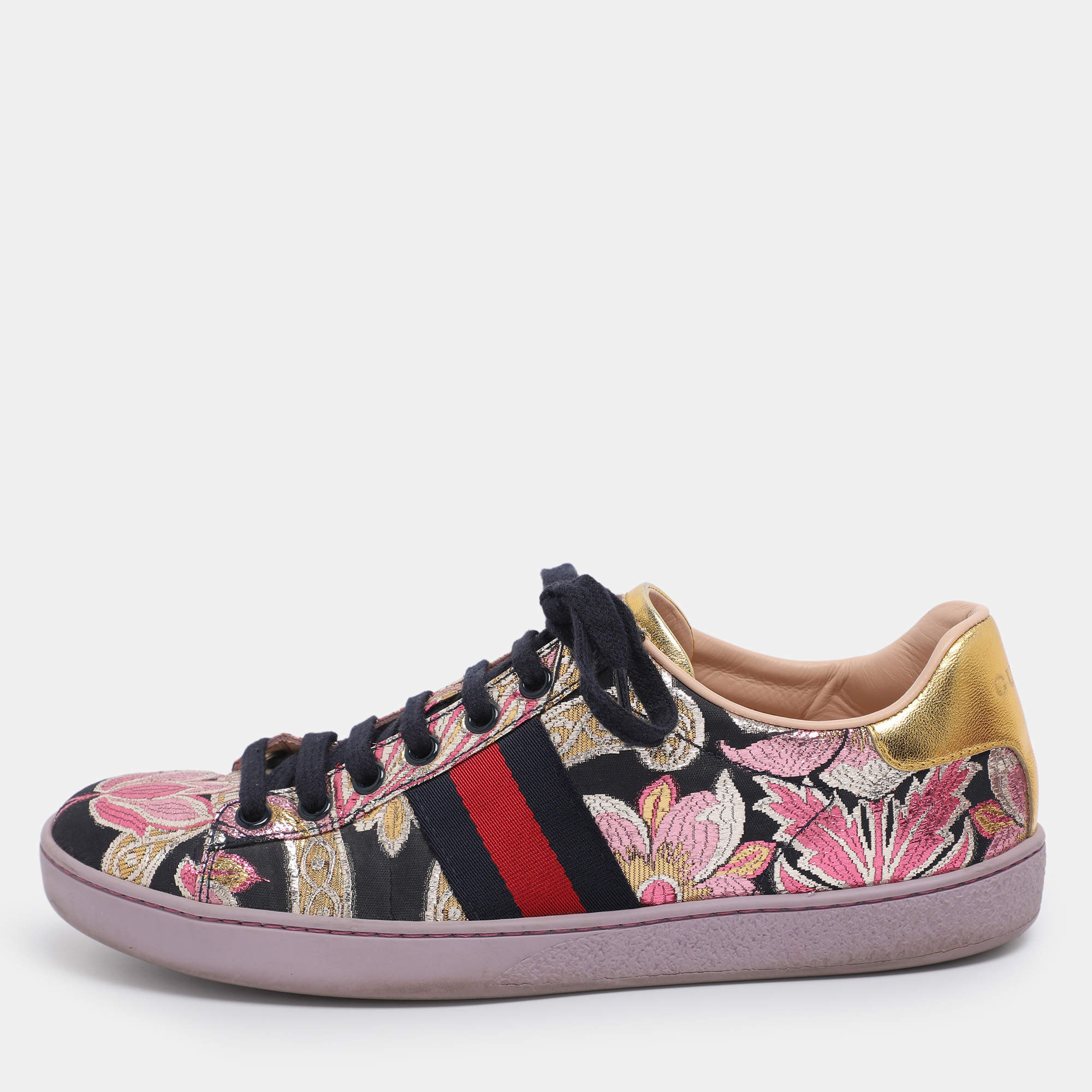 Pre Owned حذاء رياضي غوتشي قماش وجلد GG زهري متعدد الألوان عنق منخفض مقاس 37.5