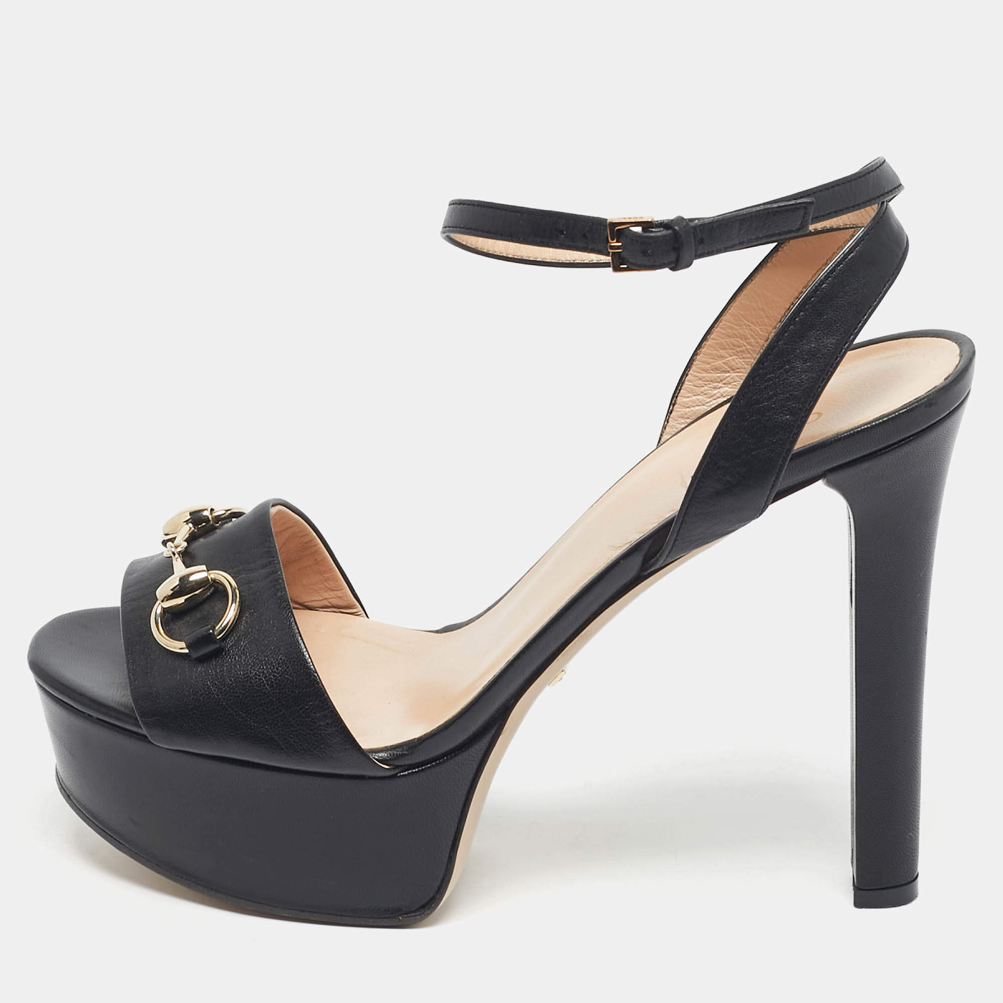 Pre Owned Gucci Black Patent Leather Horsebit Platform Ankle Strap Sandals Size 38