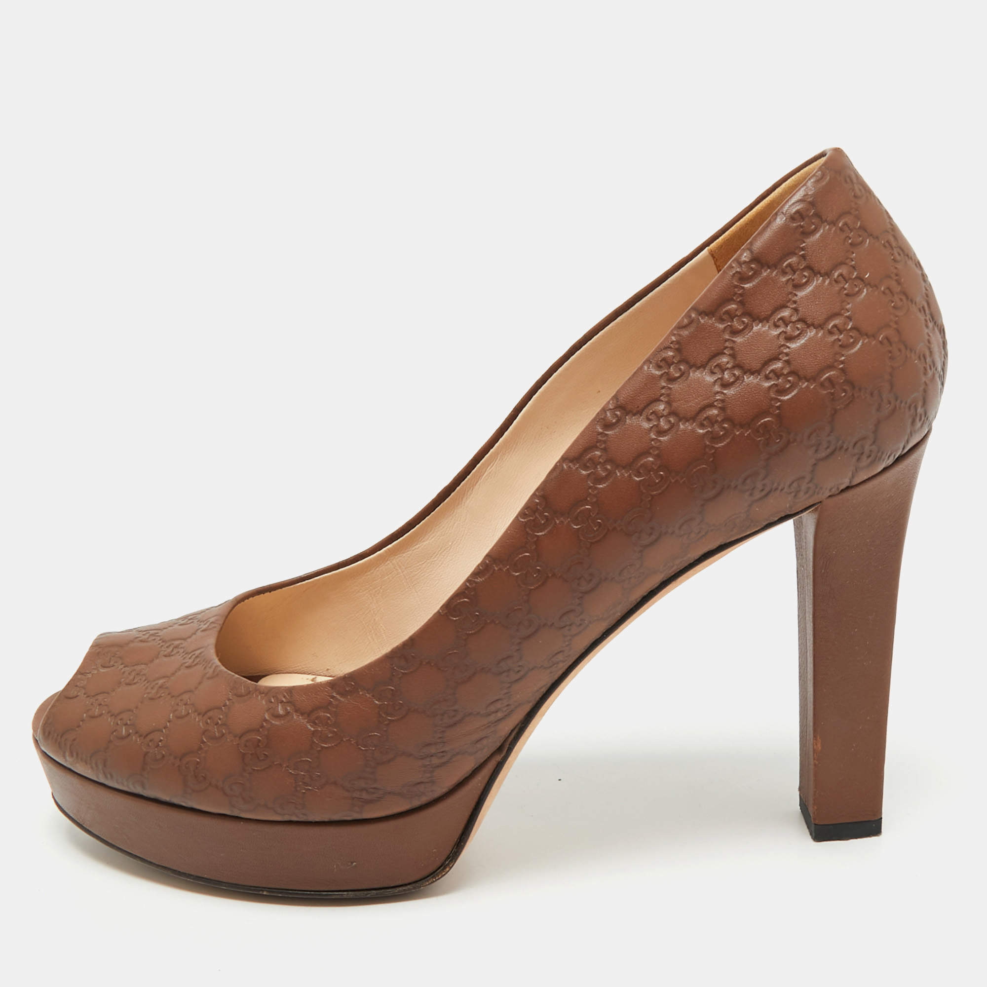مملوكة مسبقًا Gucci Brown Guccissima Leather Peep Toe Platform Pumps Size 38