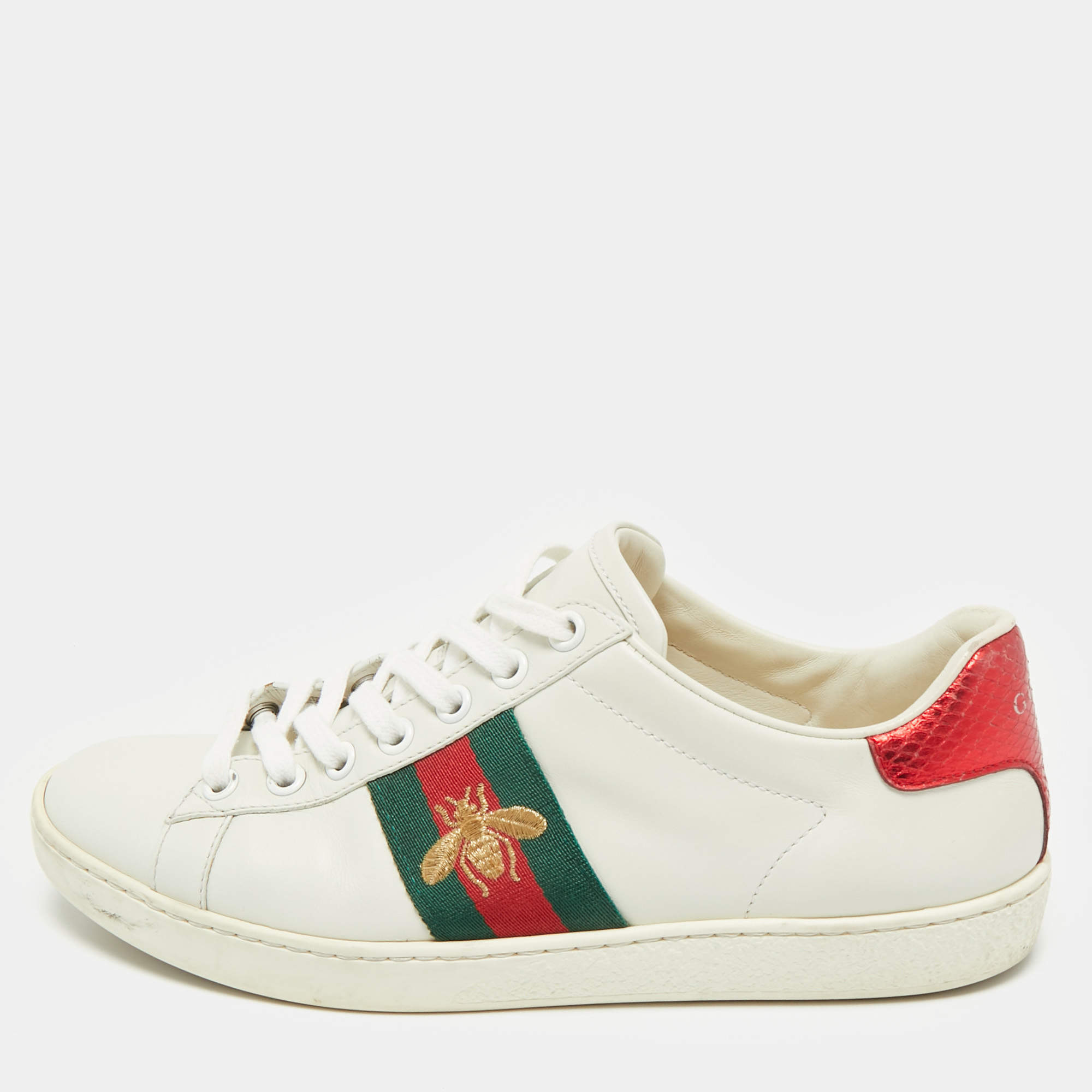 Pre Owned Gucci White Leather and Snakeskin Embossed Ace Lace Up Sneakers Size 36