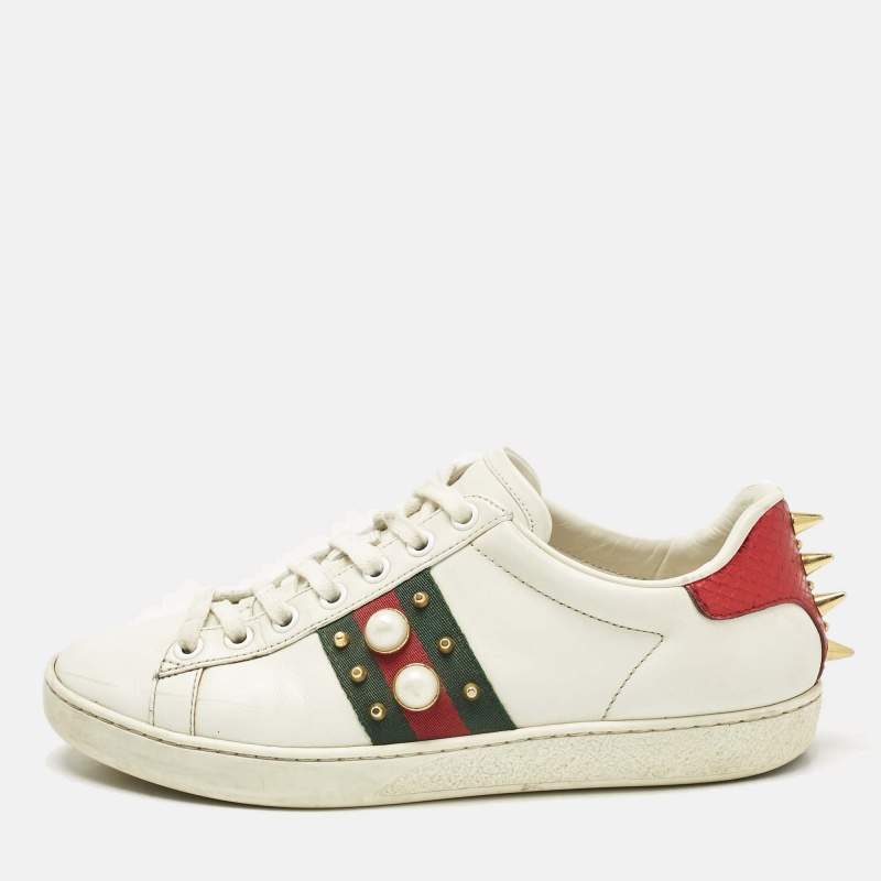 Pre Owned Gucci White Leather Web Detail New Ace Faux Pearl Embellished Low Top Sneakers Size 36
