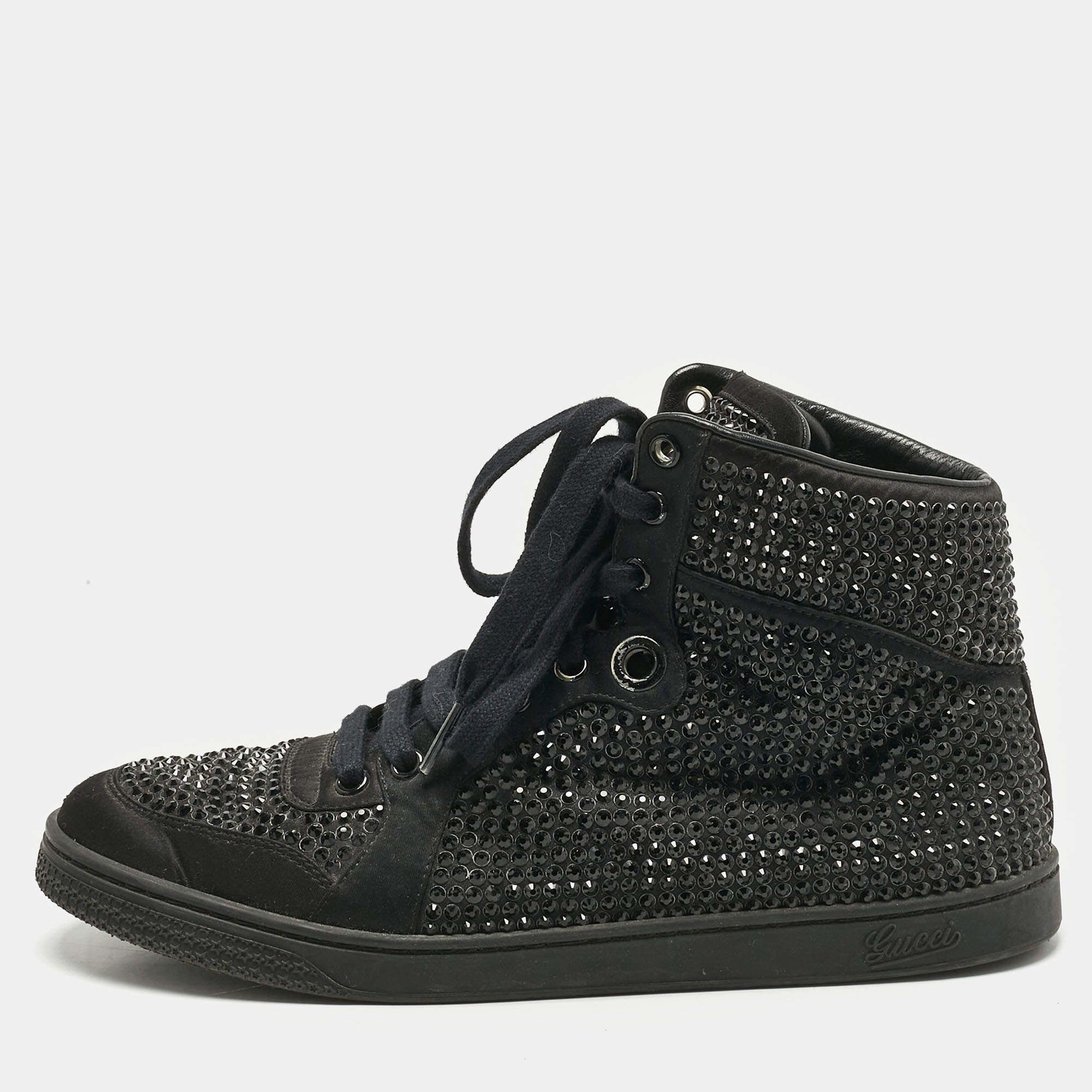 Pre Owned Gucci Black Satin Crystal Embellished Coda High Top Sneakers Size 39