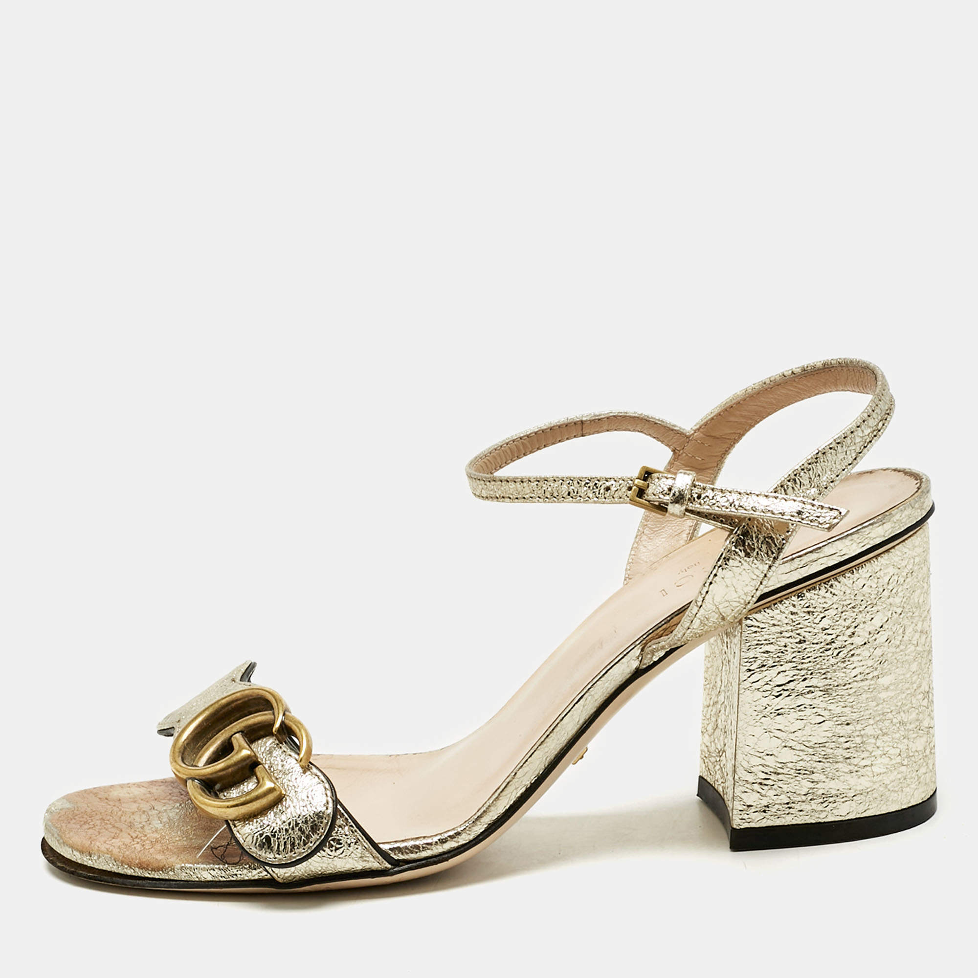 Pre Owned Gucci Metallic Gold Leather GG Marmont Ankle Strap Block Heel Sandals Size 36