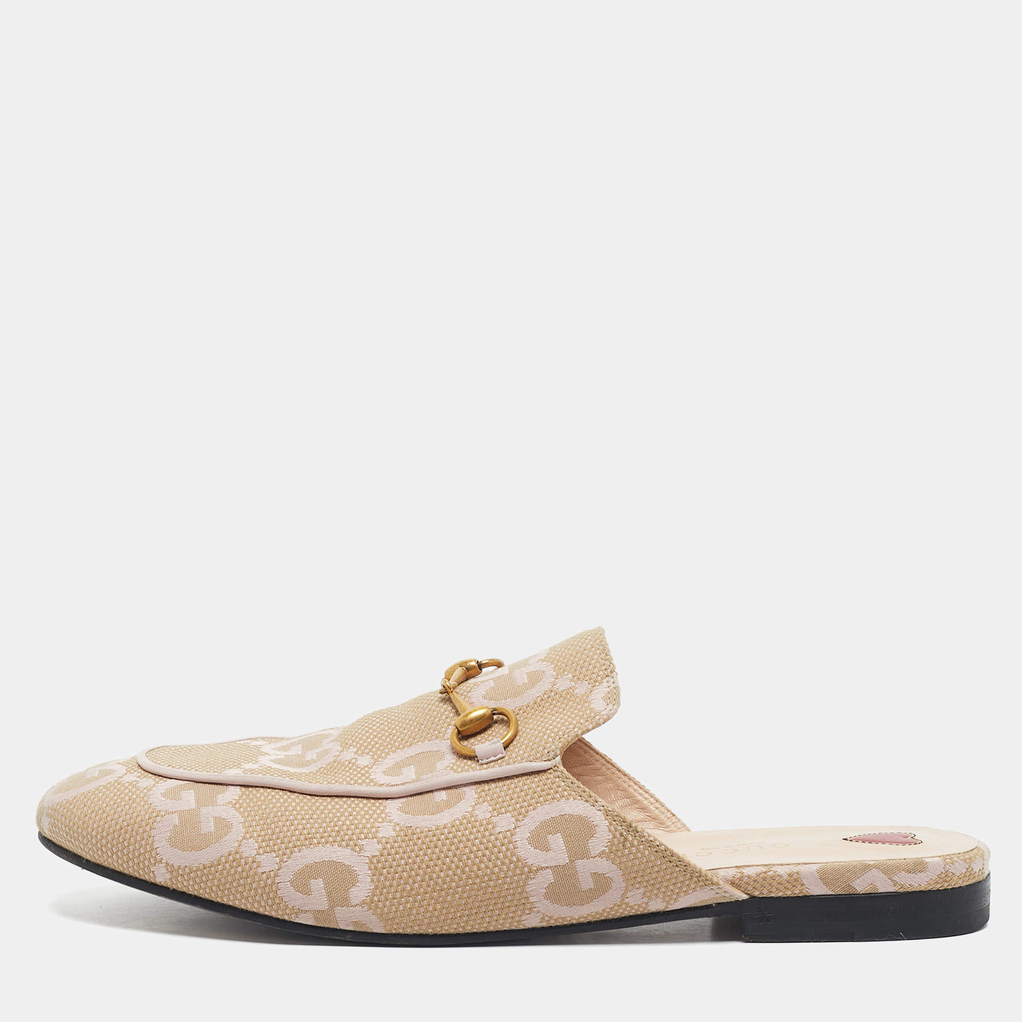 Pre Owned Gucci Beige/Pink Leather andCanvas Princetown Mules Size 39.5