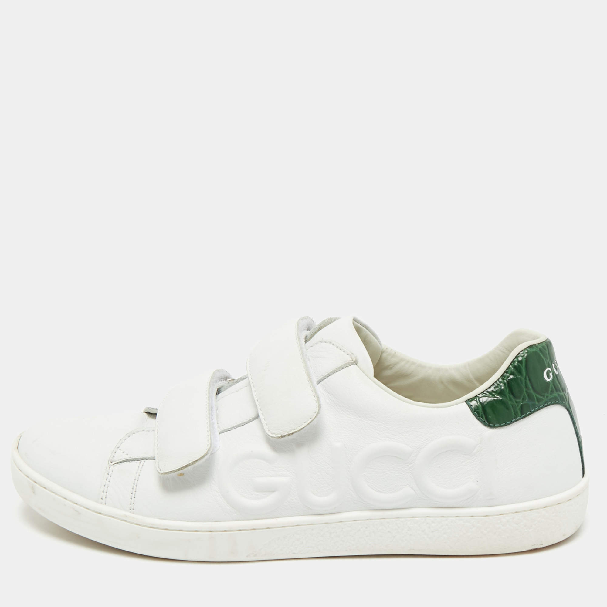 Pre Owned Gucci White/Green Crocodile Leather and Leather Ace Low Top Sneakers Size 38