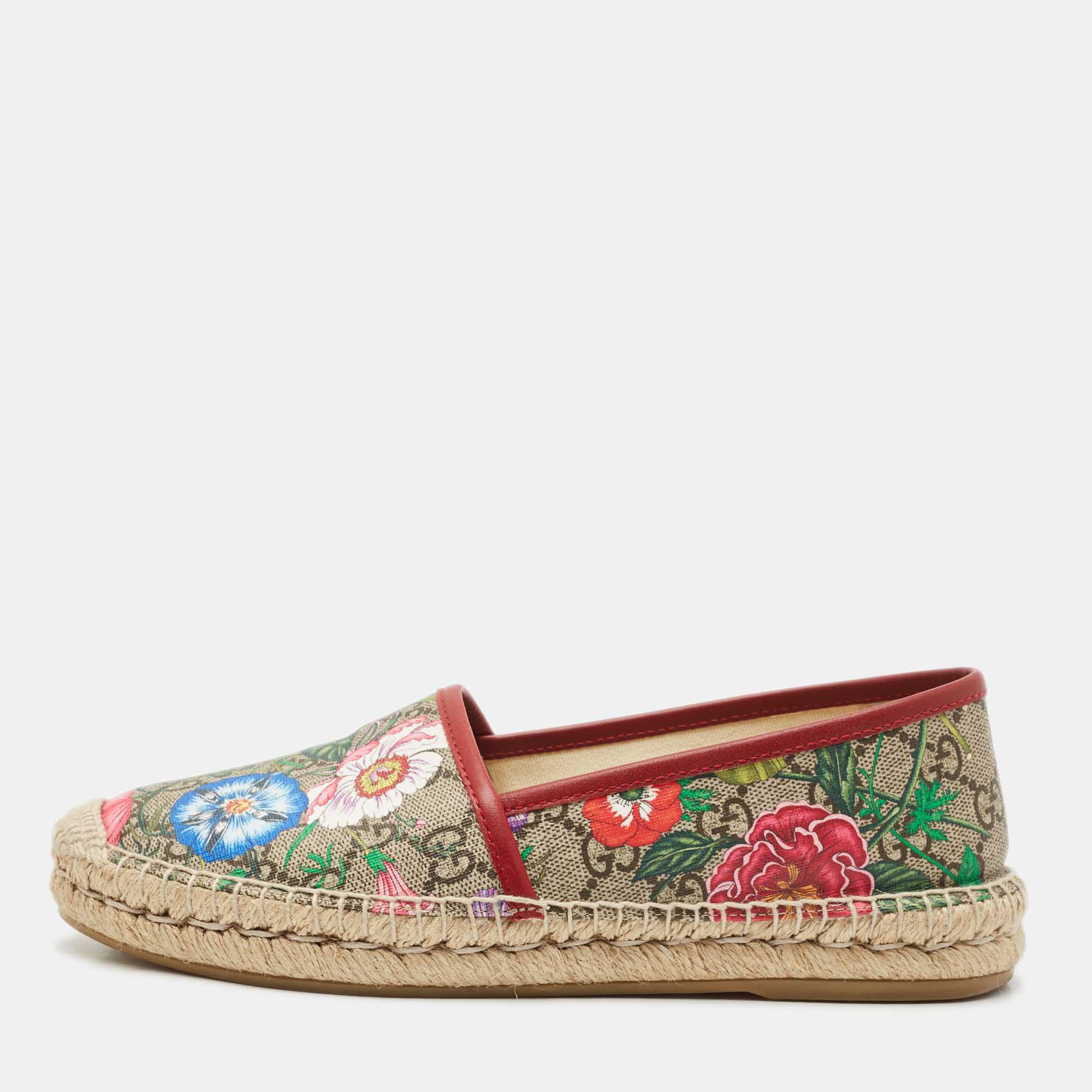 Pre Owned Gucci Multicolor Blooms Print GG Supreme Canvas Flat Espadrilles Size 37.5
