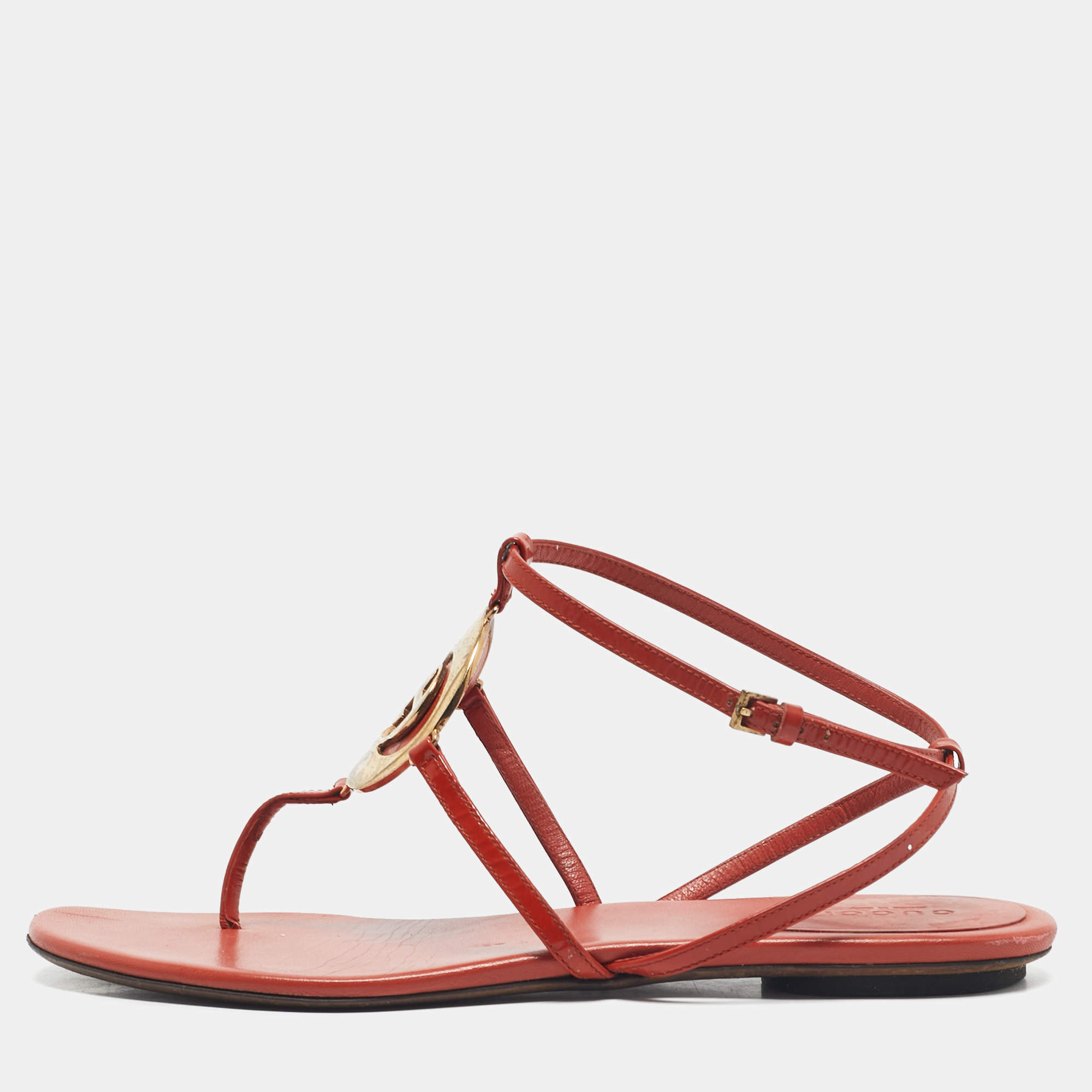 Pre Owned Gucci Orange Patent Leather GG Logo Buckle Flat Thong Sandals Size 37.5