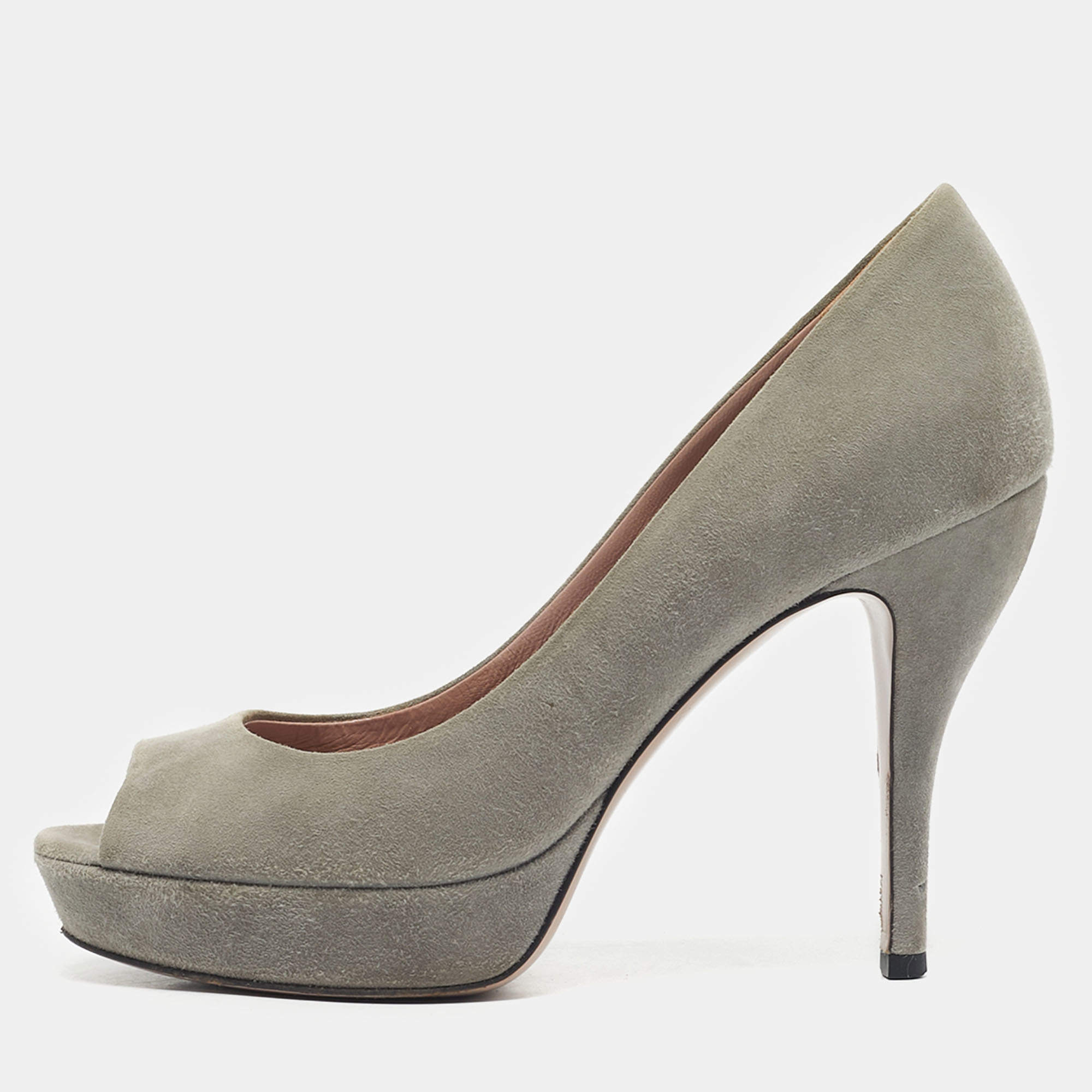 Pre Owned Gucci Grey Suede Platform Peep Toe Pumps Size 36
