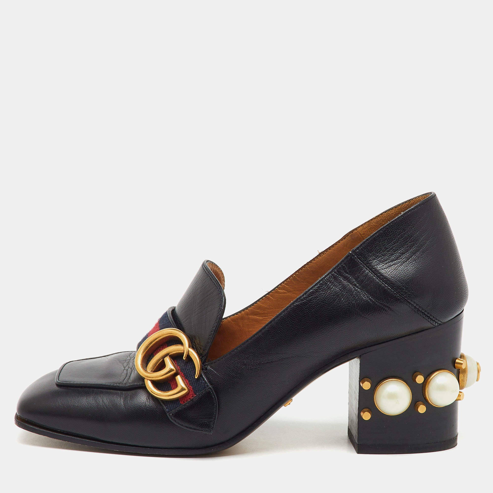 Pre Owned Gucci Black Leather Web Pearl Embellished Peyton Loafer Pumps Size 37