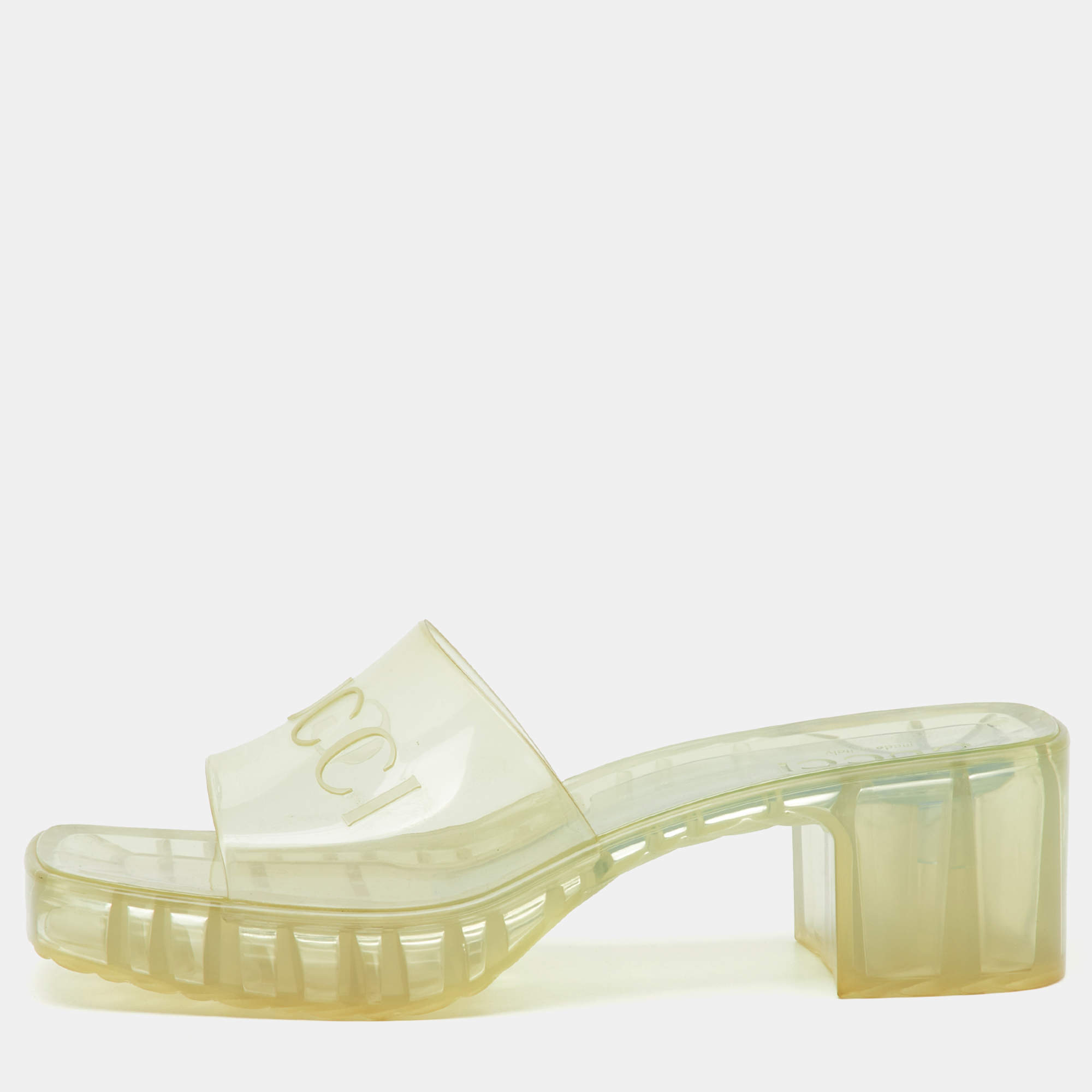 Pre Owned Gucci Transparent PVC Embossed Logo Block Heel Slide Sandals Size 36