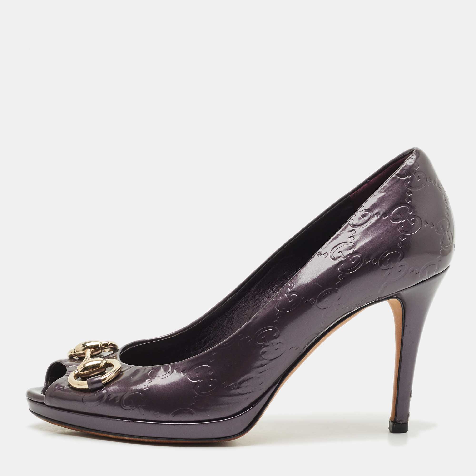 Pre Owned Gucci Purple Guccissima Patent Leather Horsebit Peep Toe Pumps Size 35.5