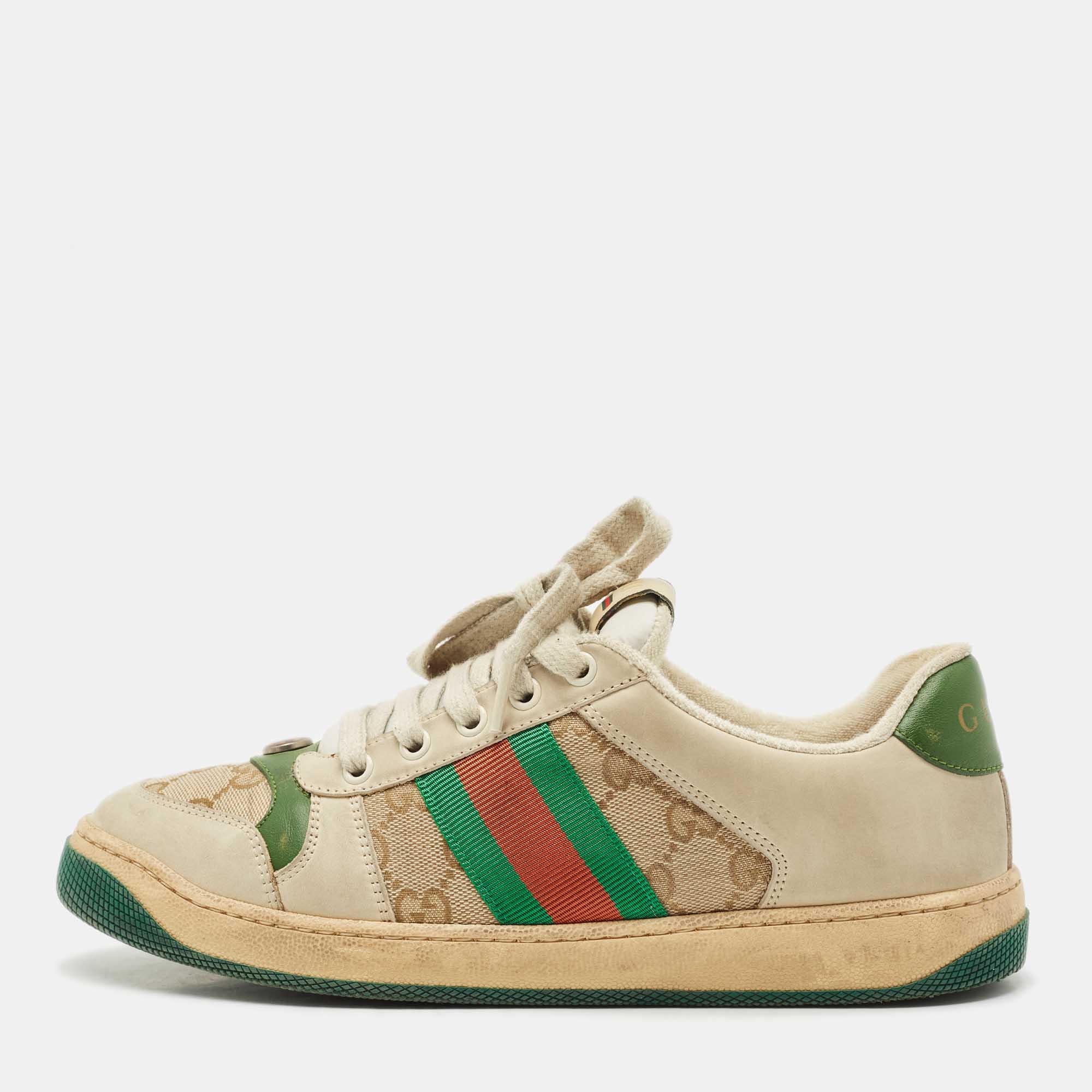 Pre Owned حذاء رياضي غوتشي سكرينر كانفاس جي جي بني/ بيج نوبوك جلد مقاس 39.5