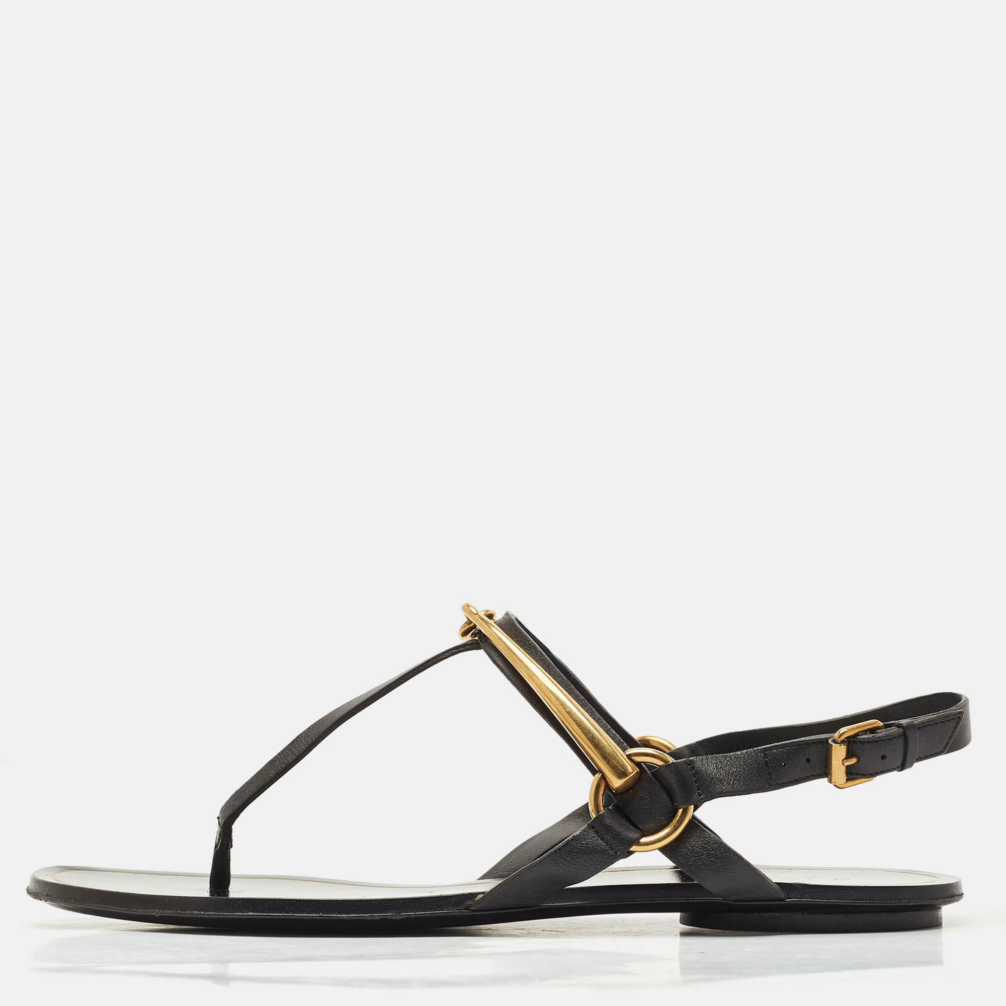 Pre Owned Gucci Black Leather Thong Flat Sandals Size 39.5