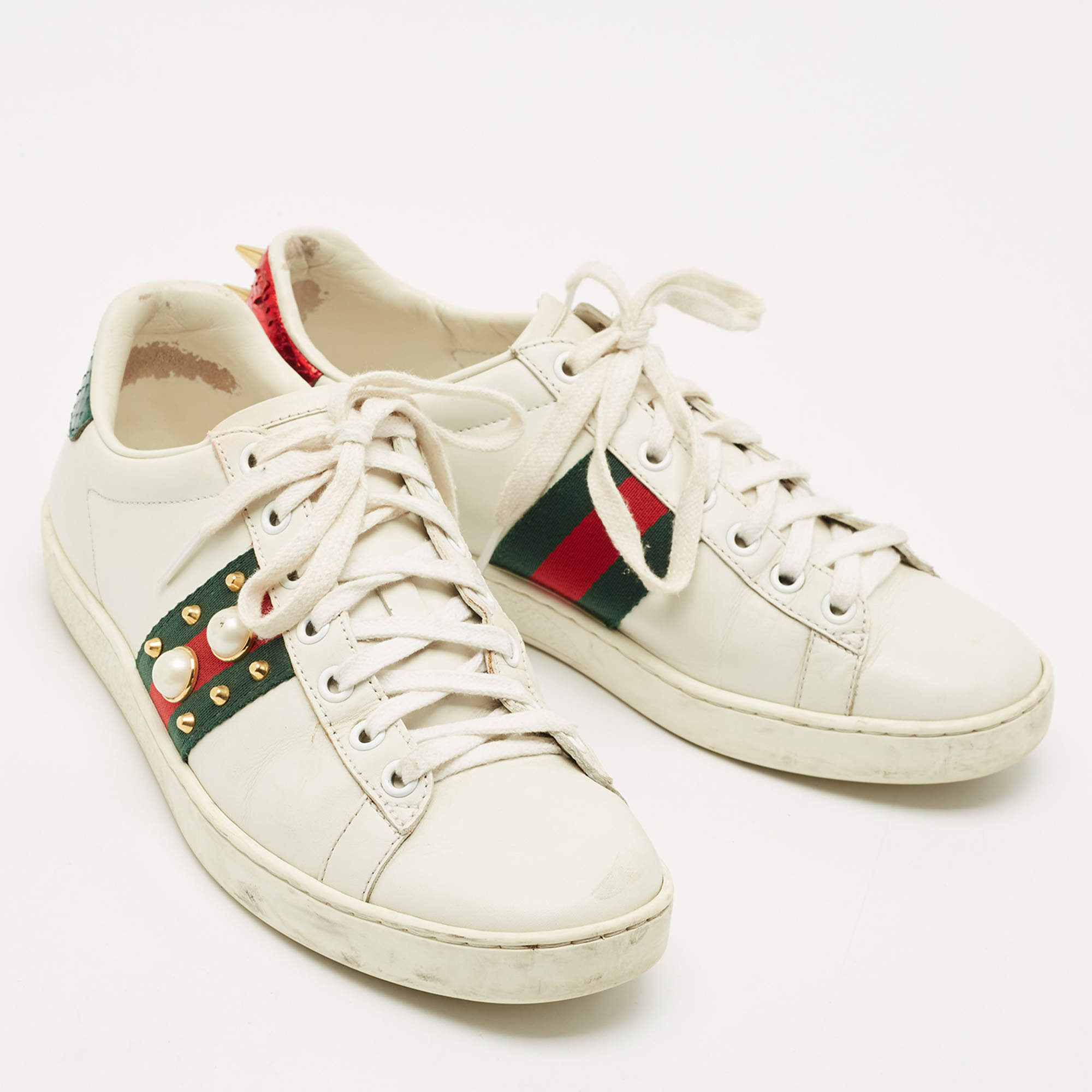 Pre Owned Gucci White Leather and Snakeskin Embossed Leather Ace Web Lace Up Sneakers Size 38
