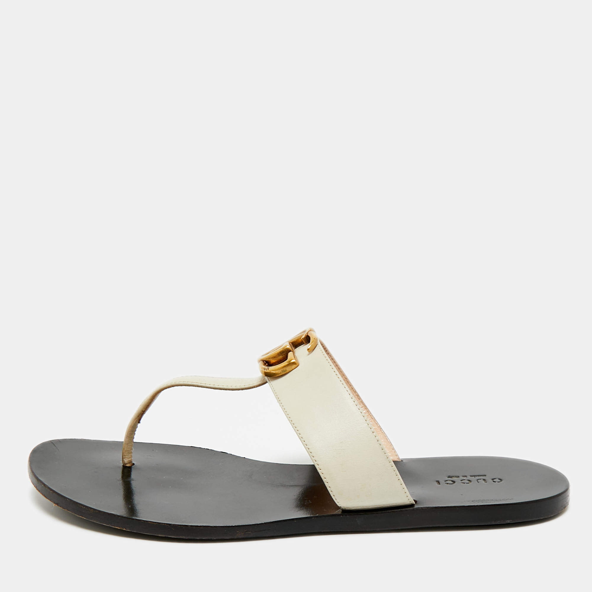 Pre Owned Gucci Cream Leather GG Marmont Thong Slide Flats Size 38
