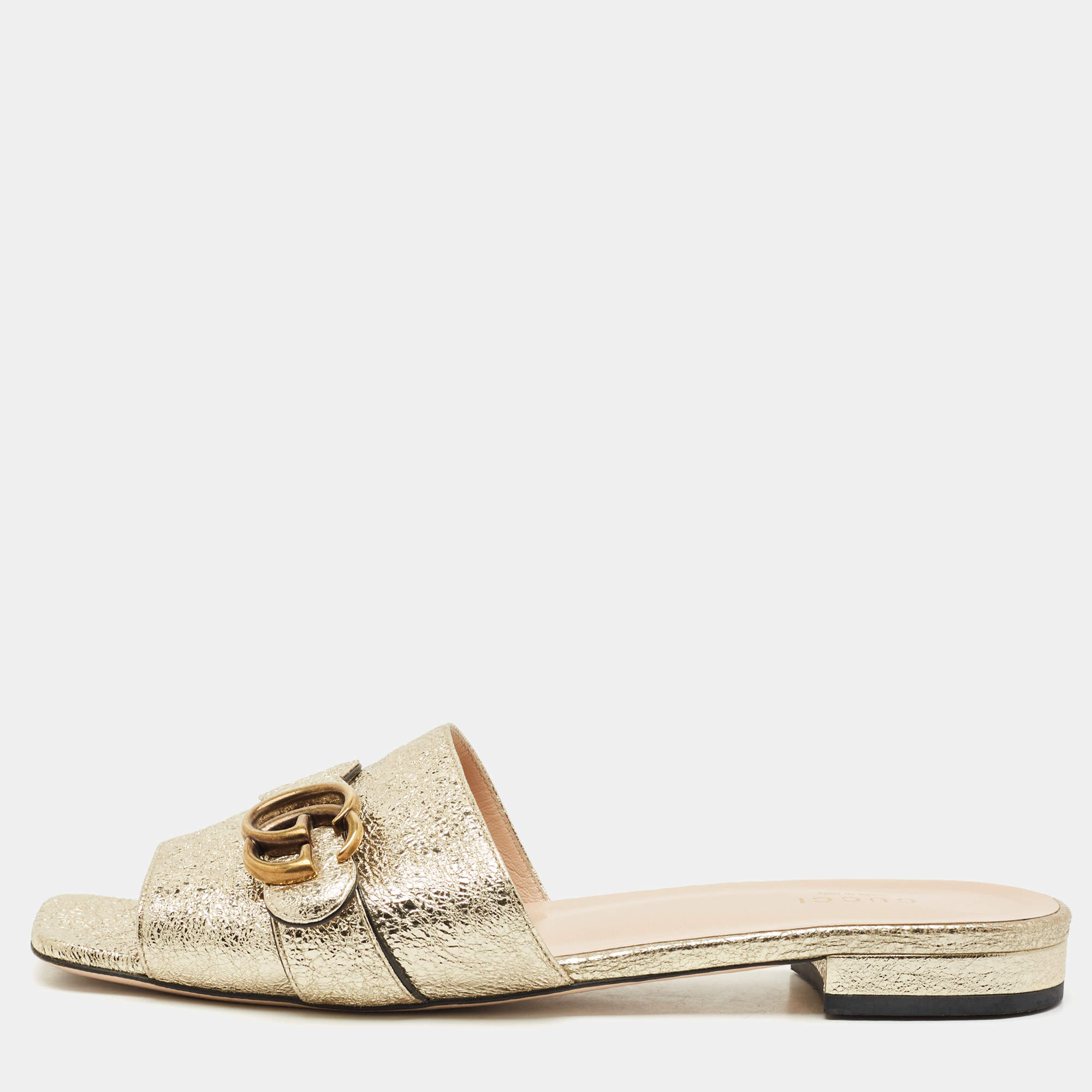 Pre Owned Gucci Gold Crinkled Leather GG Marmont Flat Slides Size 41