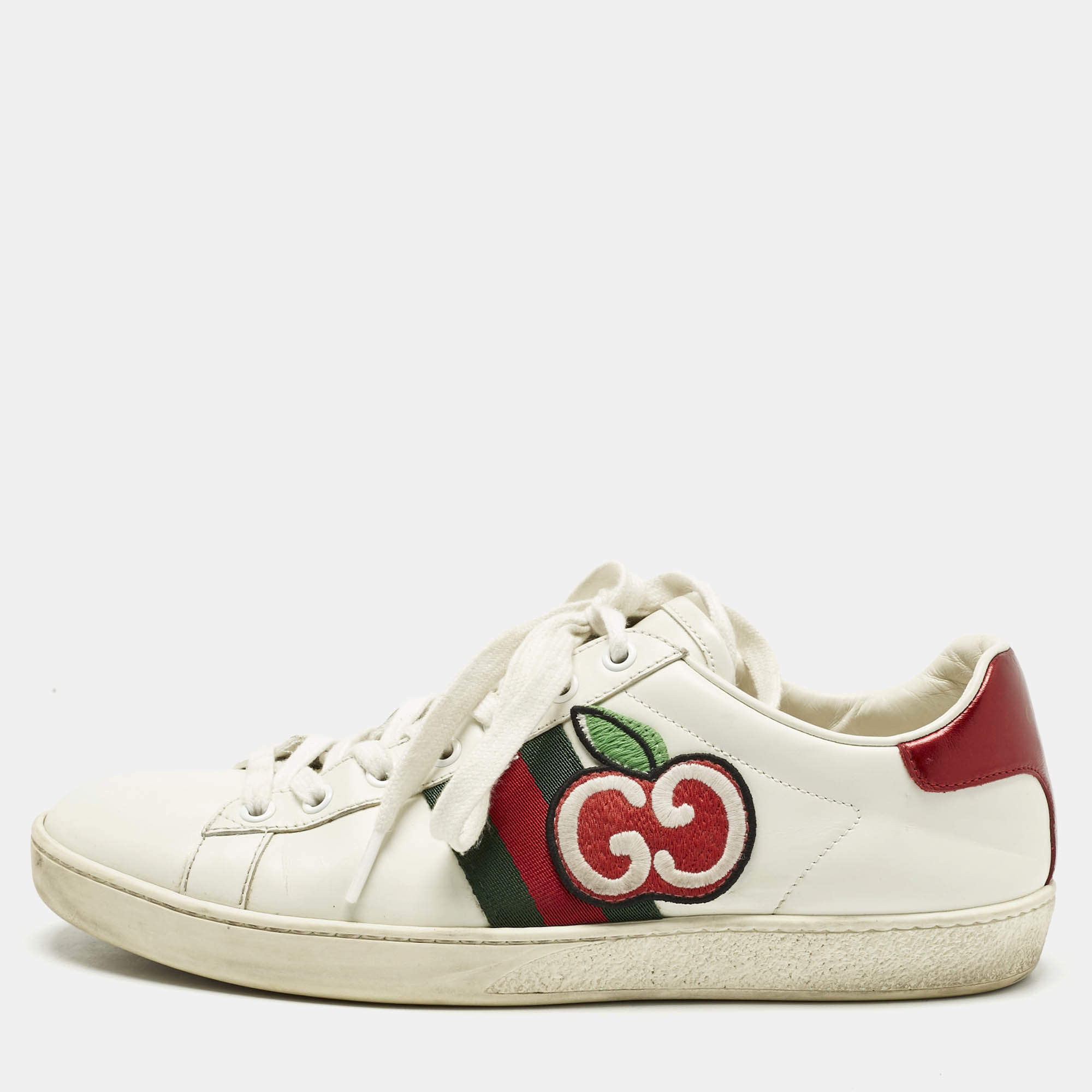 Pre Owned Gucci White Leather GG Apple Applique Ace Sneakers Size 39.5