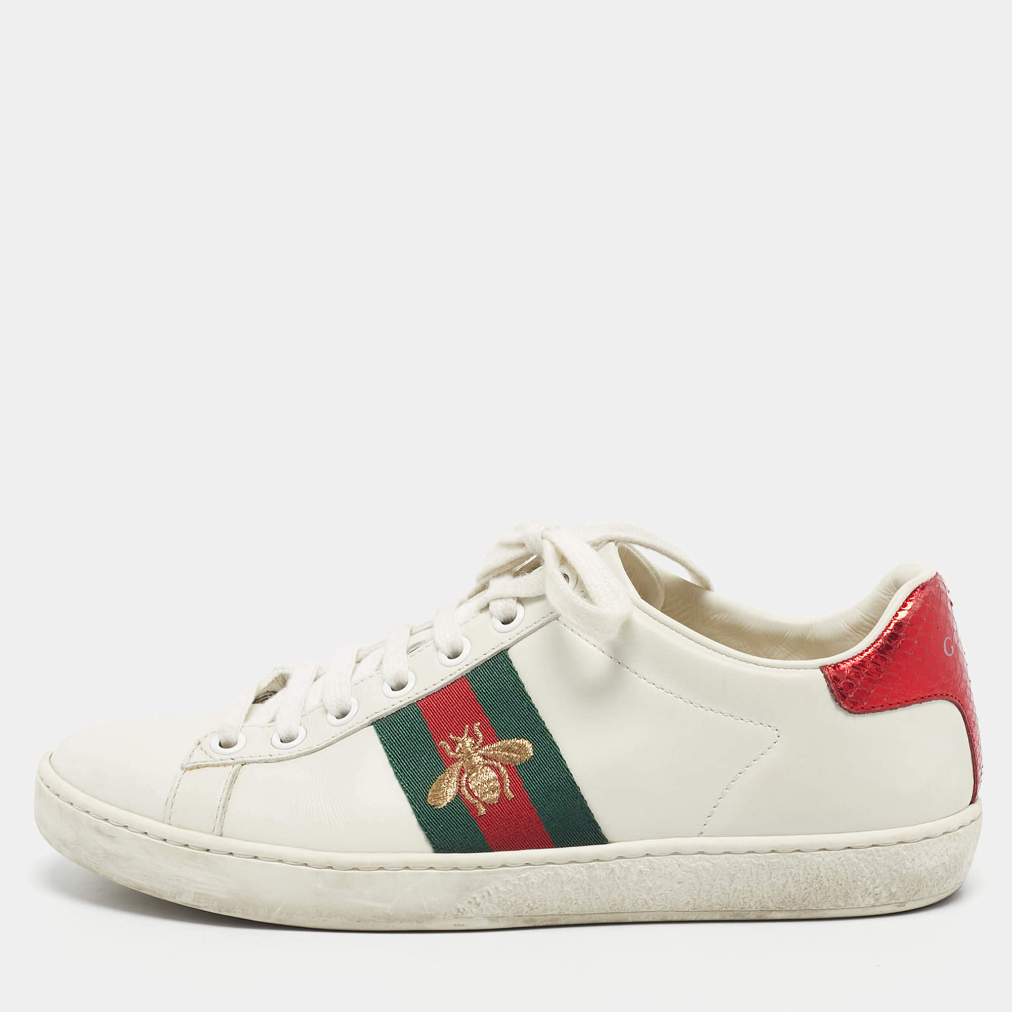 Pre Owned Gucci White Leather and Snakeskin Embossed Ace Lace Up Sneakers Size 35.5