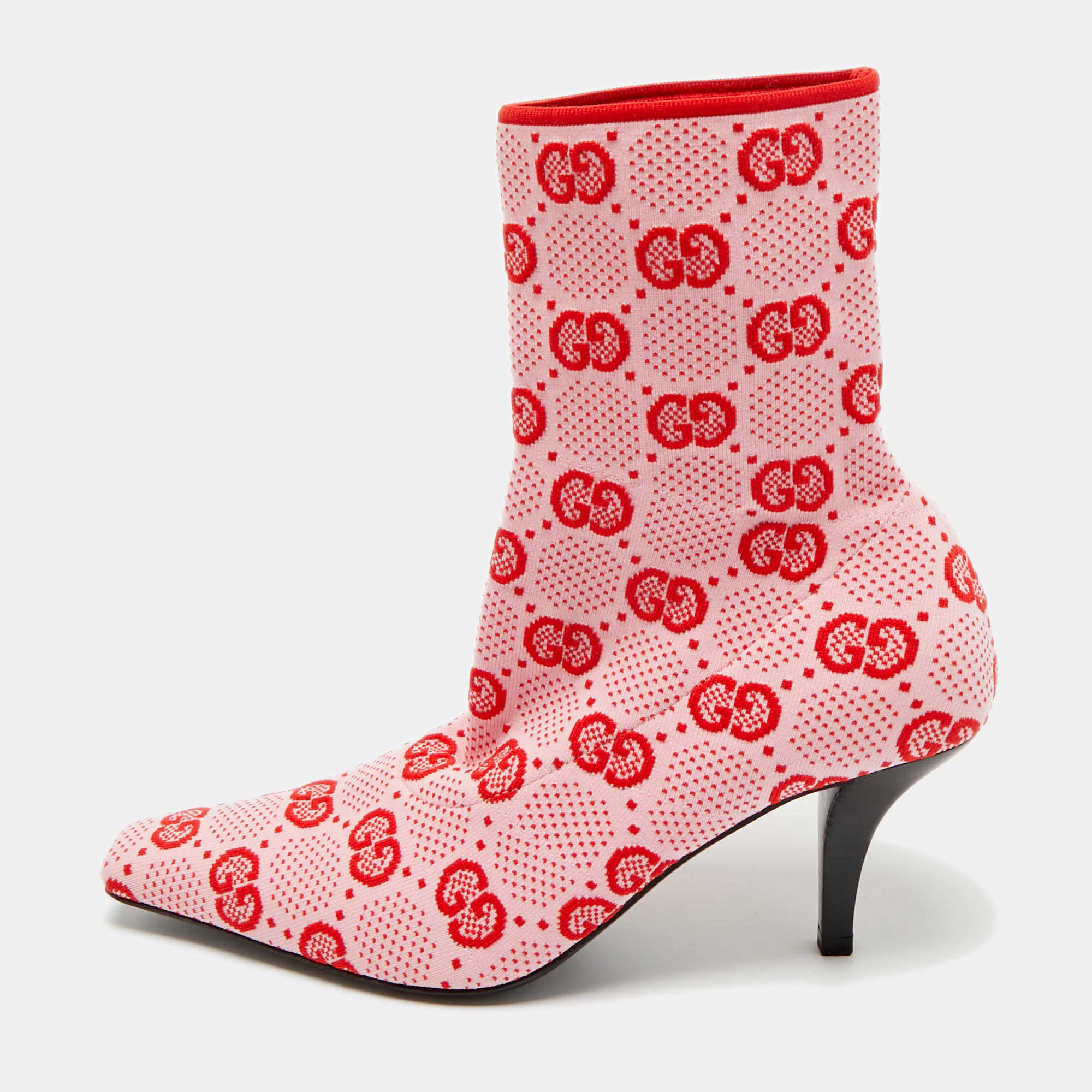 Pre Owned Gucci Pink/Red GG Stretch Fabric Mid Calf Boots Size 36