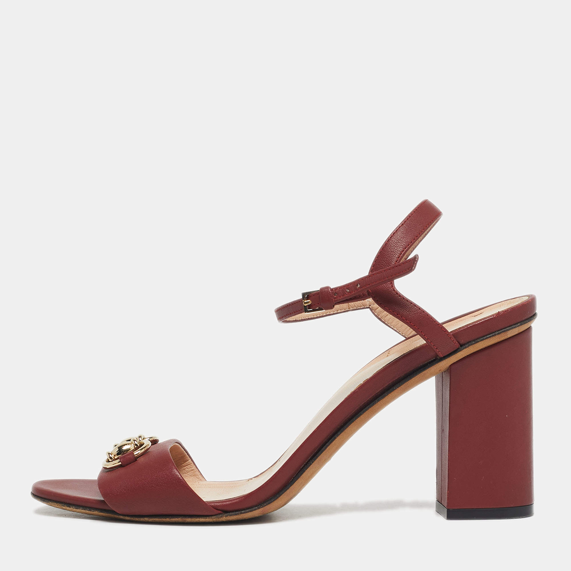 Pre Owned Gucci Burgundy Leather Horsebit Ankle Strap Block Heel Sandals Size 39