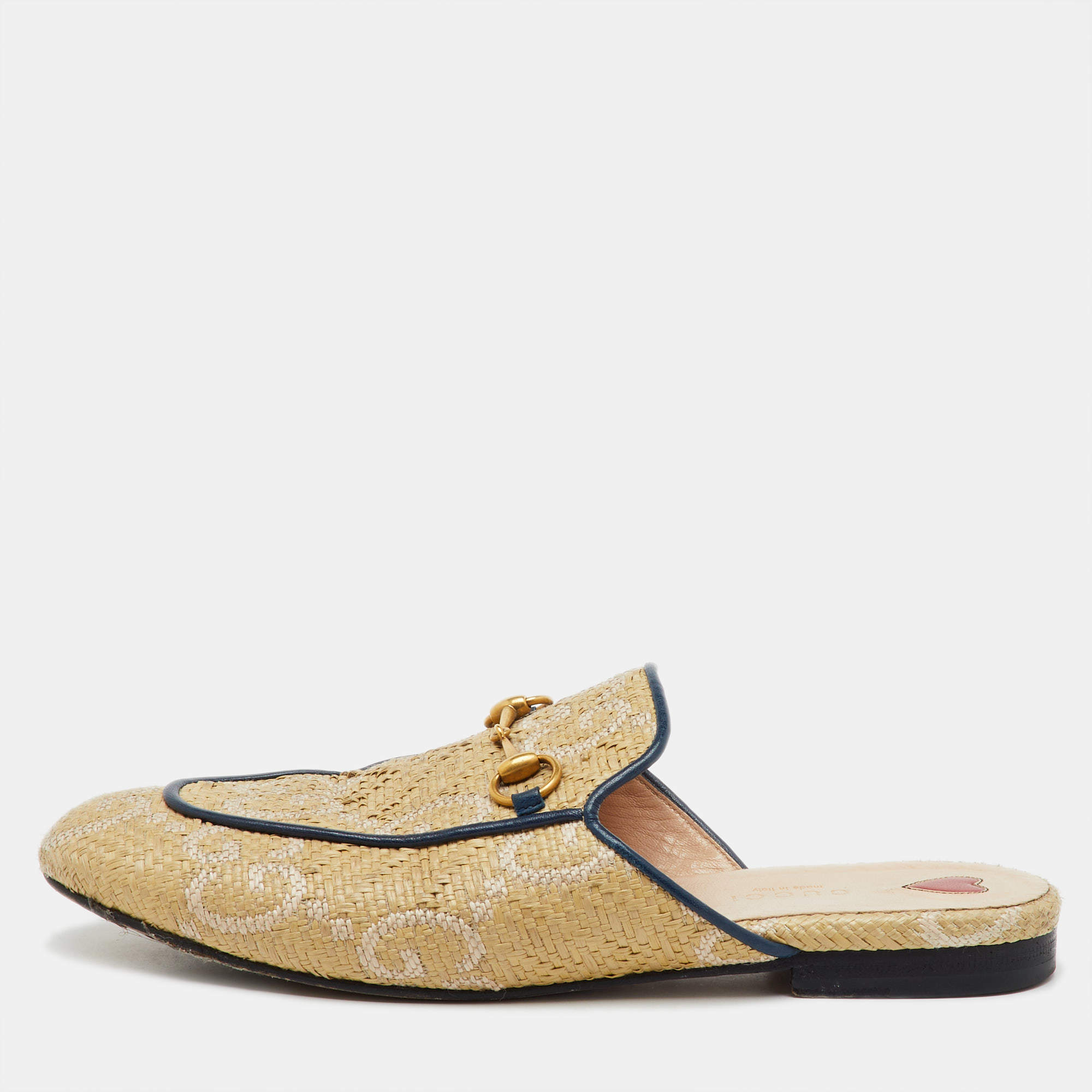 Pre Owned Gucci Beige/Blue GG Raffia and Leather Princetown Horsebit Flat Mules Size 38.5