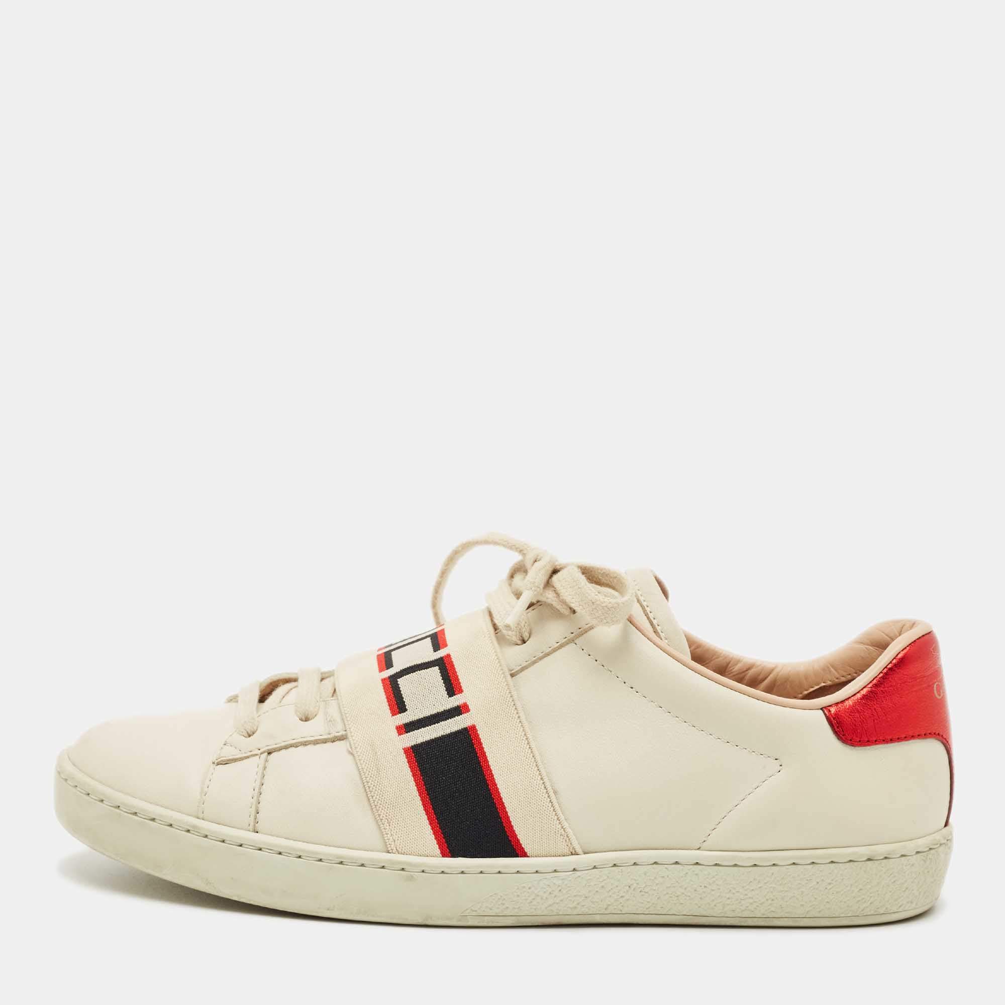 Pre Owned Gucci White Leather New Ace Logo Strap Sneaker Size 38