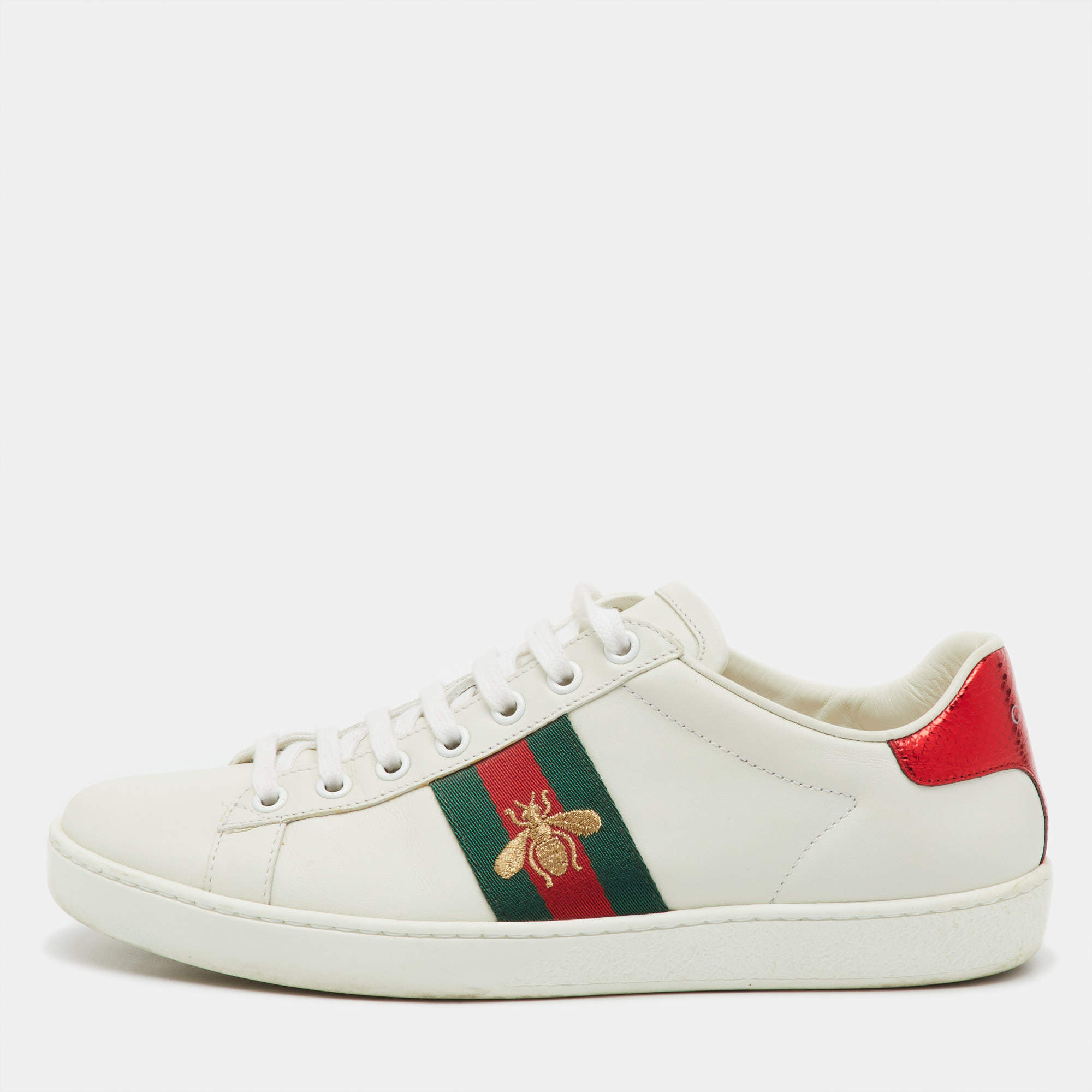 Pre Owned Gucci White Leather Embroidered Bee Ace Low Top Sneakers Size 38