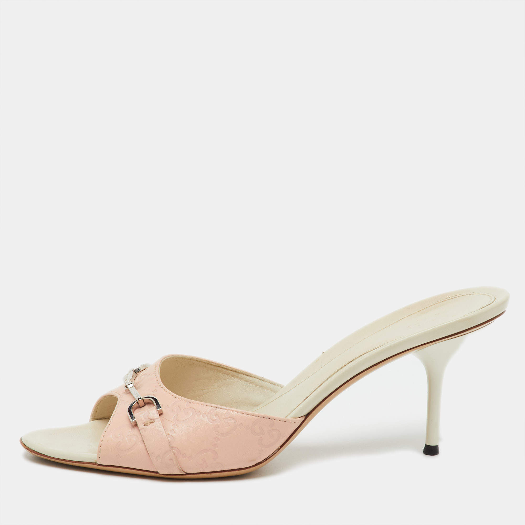 مملوكة مسبقًا Gucci Pink/Cream Guccissima Leather Horsebit Slide Sandals Size 41