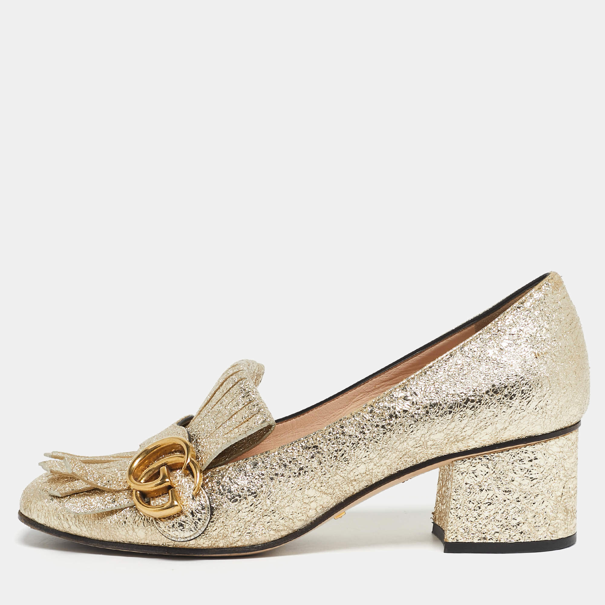 Pre Owned Gucci Metallic Gold Leather GG Marmont Block Heel Pumps Size 37.5