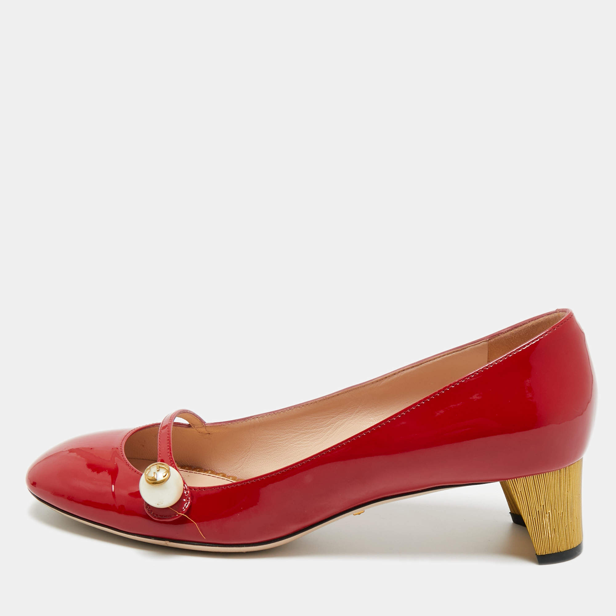 Pre Owned Gucci Red Patent Leather Interlocking G Pearl Pumps Size 38.5