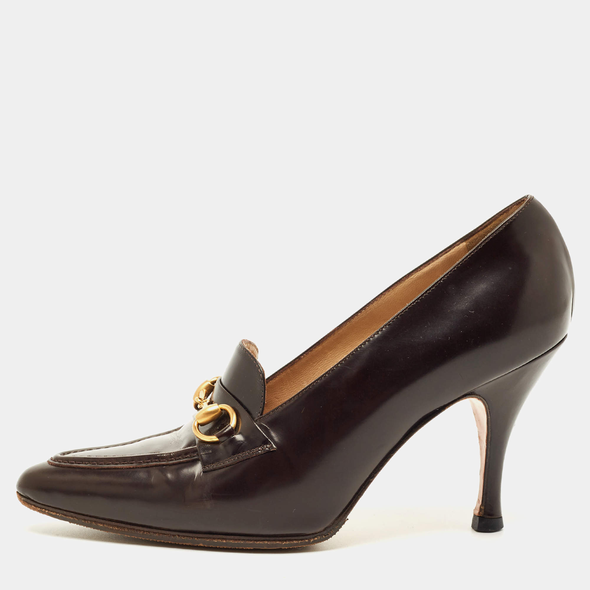 Pre Owned Gucci Dark Brown Leather Horsebit Pointed Toe Loafer Pumps Size 36