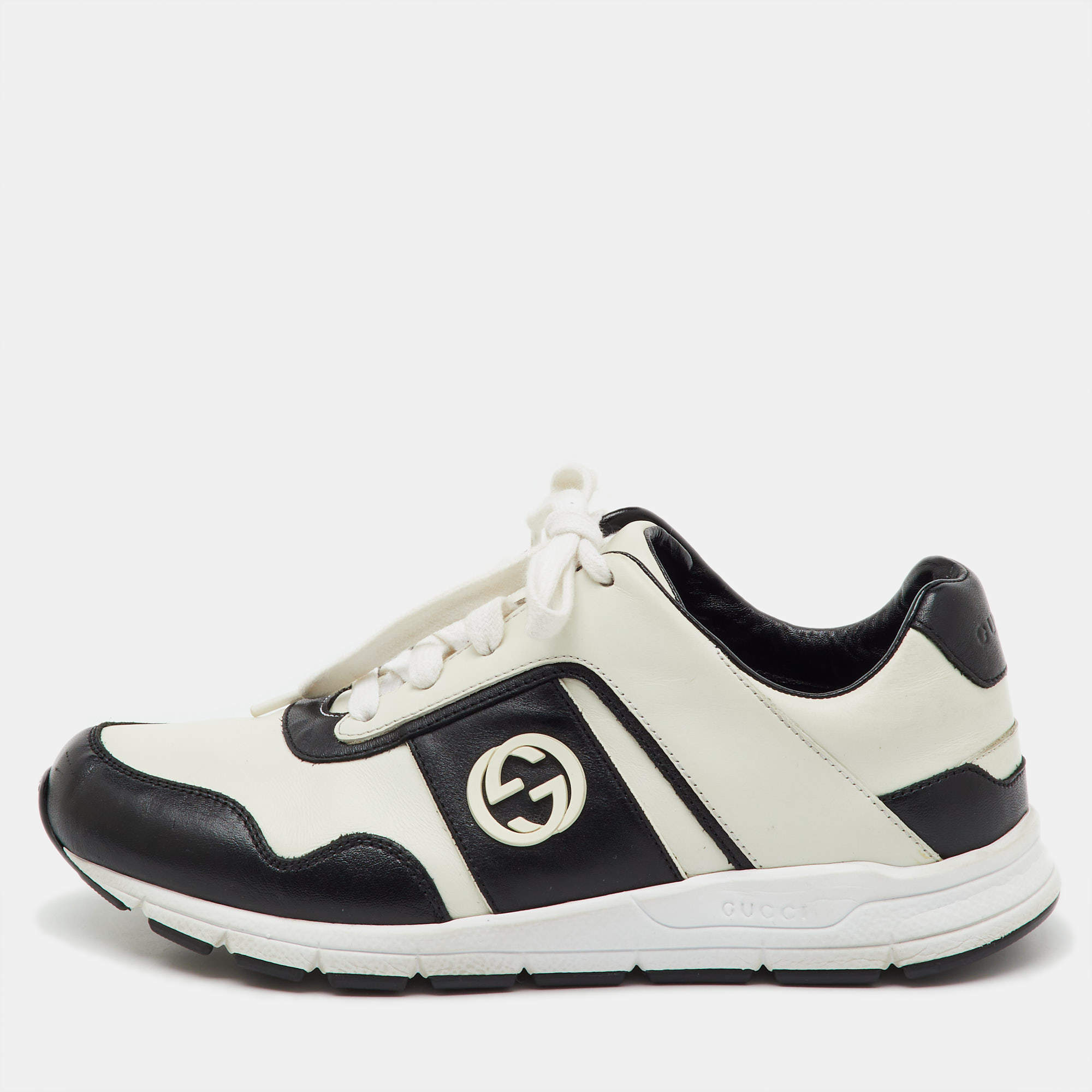 Pre Owned Gucci White/Black Leather Interlocking G Low Top Sneakers Size 38