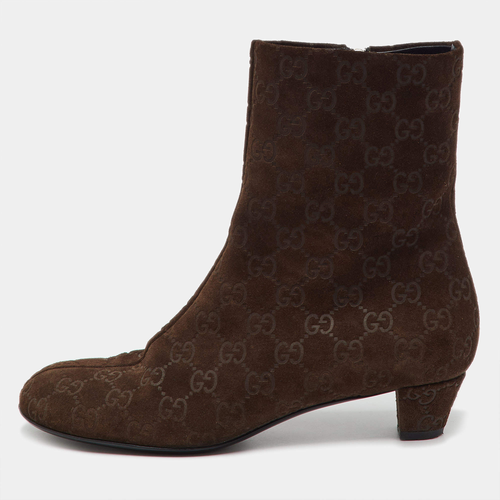 Pre Owned Gucci Dark Brown Guccissima Suede Mid Calf Boots Size 39