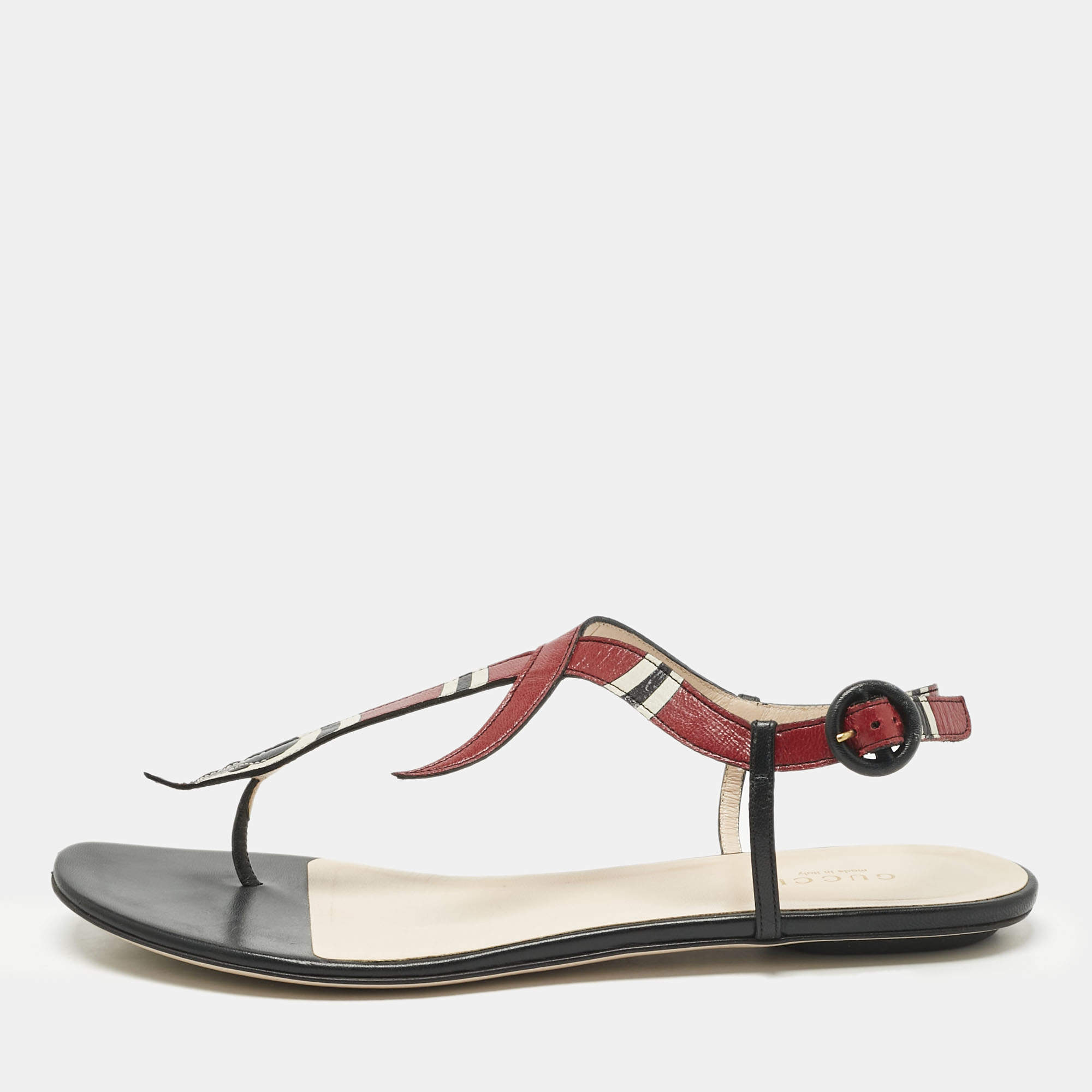 Pre Owned Gucci Multicolor Leather Yoko Snake Print Thong Flats Slides Size 38.5