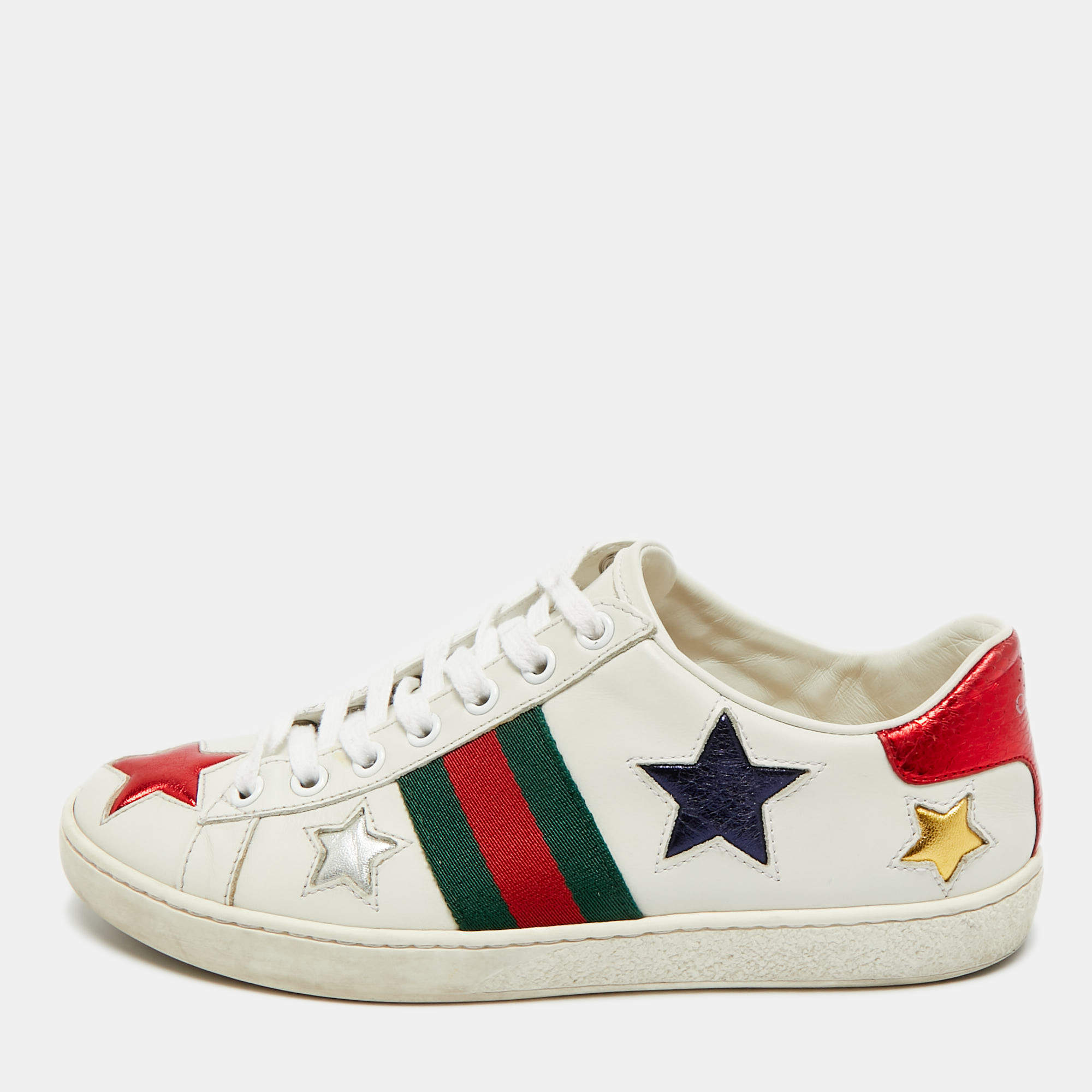 Pre Owned Gucci White Leather and Snakeskin Embossed Ace Lace Up Sneakers Size 36