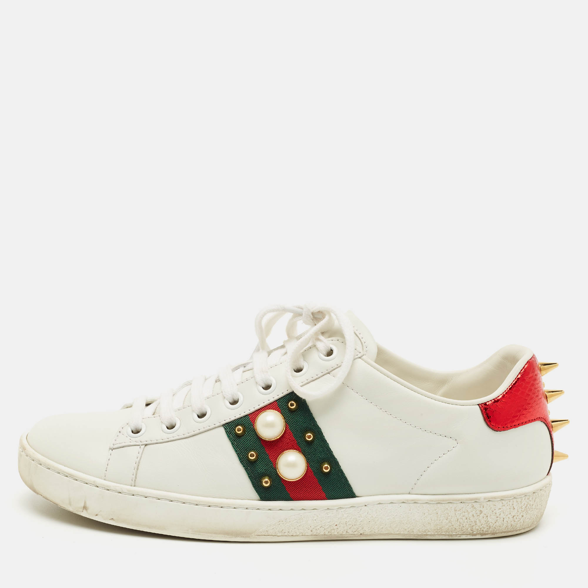 Pre Owned Gucci White Leather Pearl Embellished Ace Sneakers Size 37