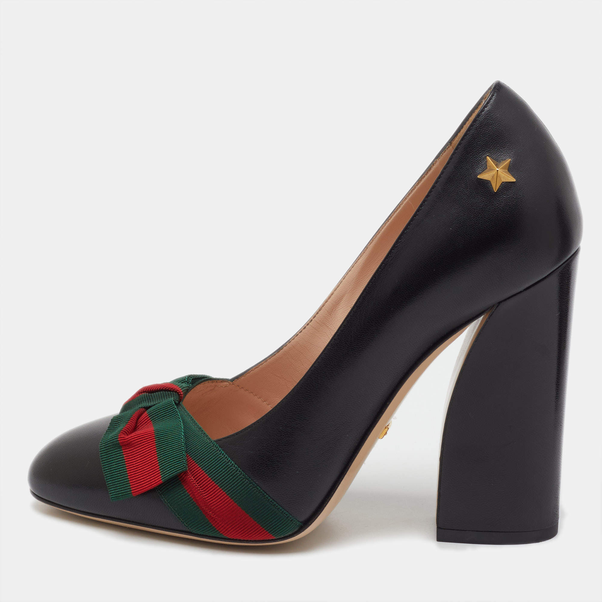 مملوكة مسبقًا Gucci Black Leather Aline Web Bow Block Heel Pumps Size 38
