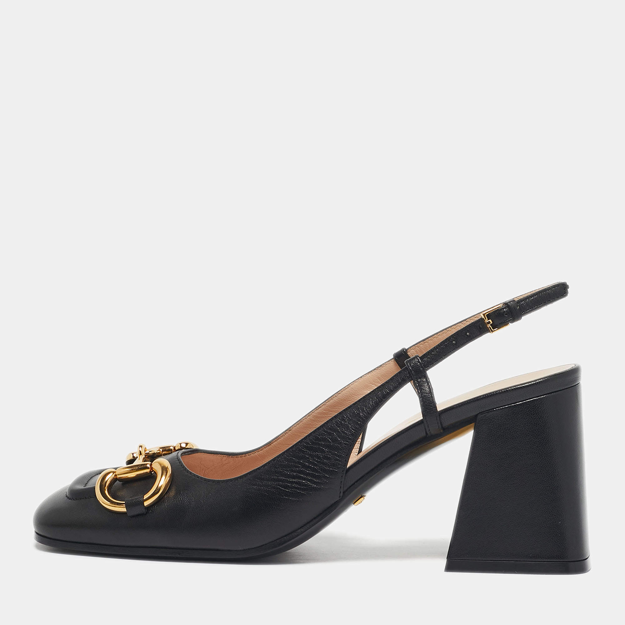 Pre Owned Gucci Black Leather Horsebit Block Heel Slingback Pumps Size 37