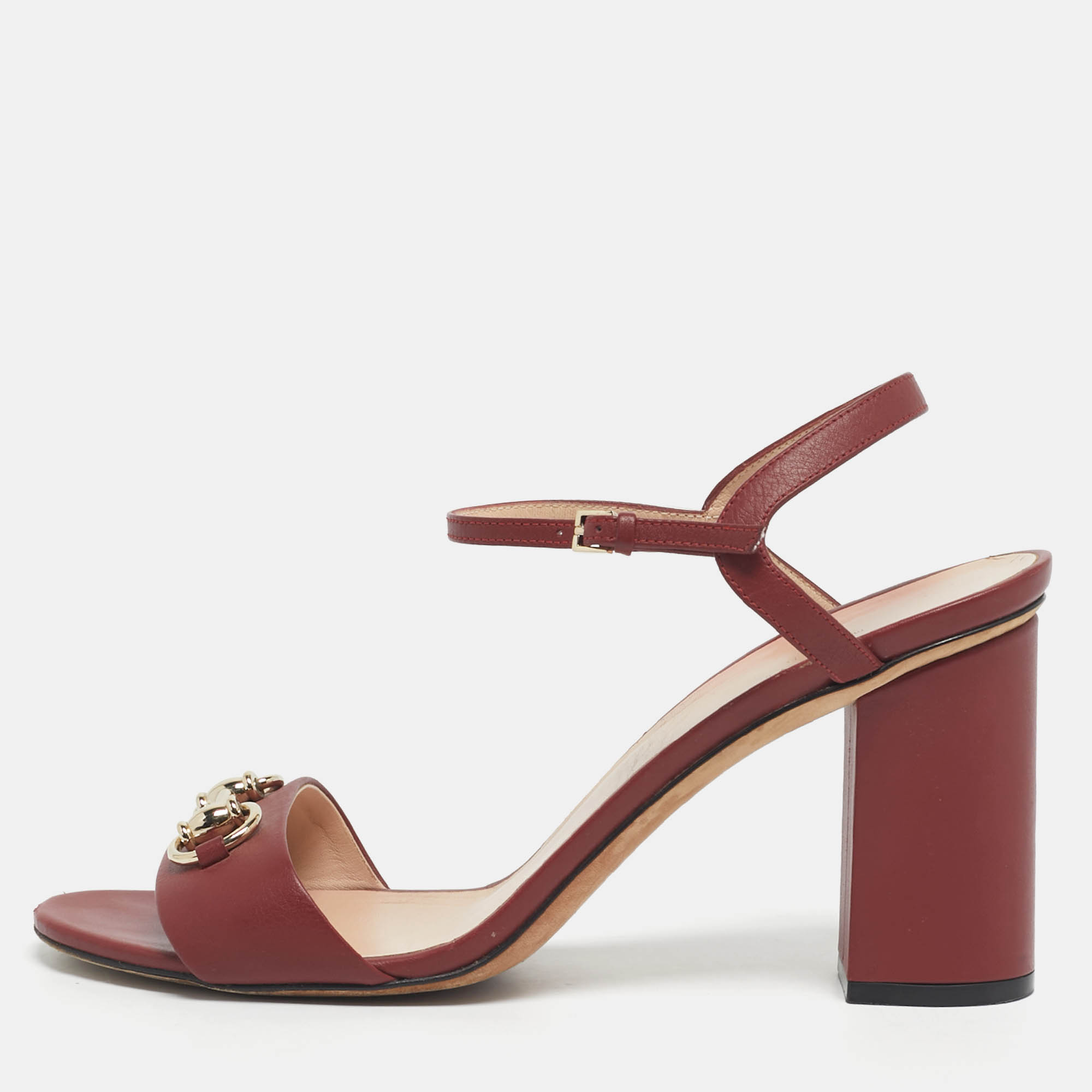 Pre Owned Gucci Burgundy Leather Horsebit Ankle Strap Sandals Size 40