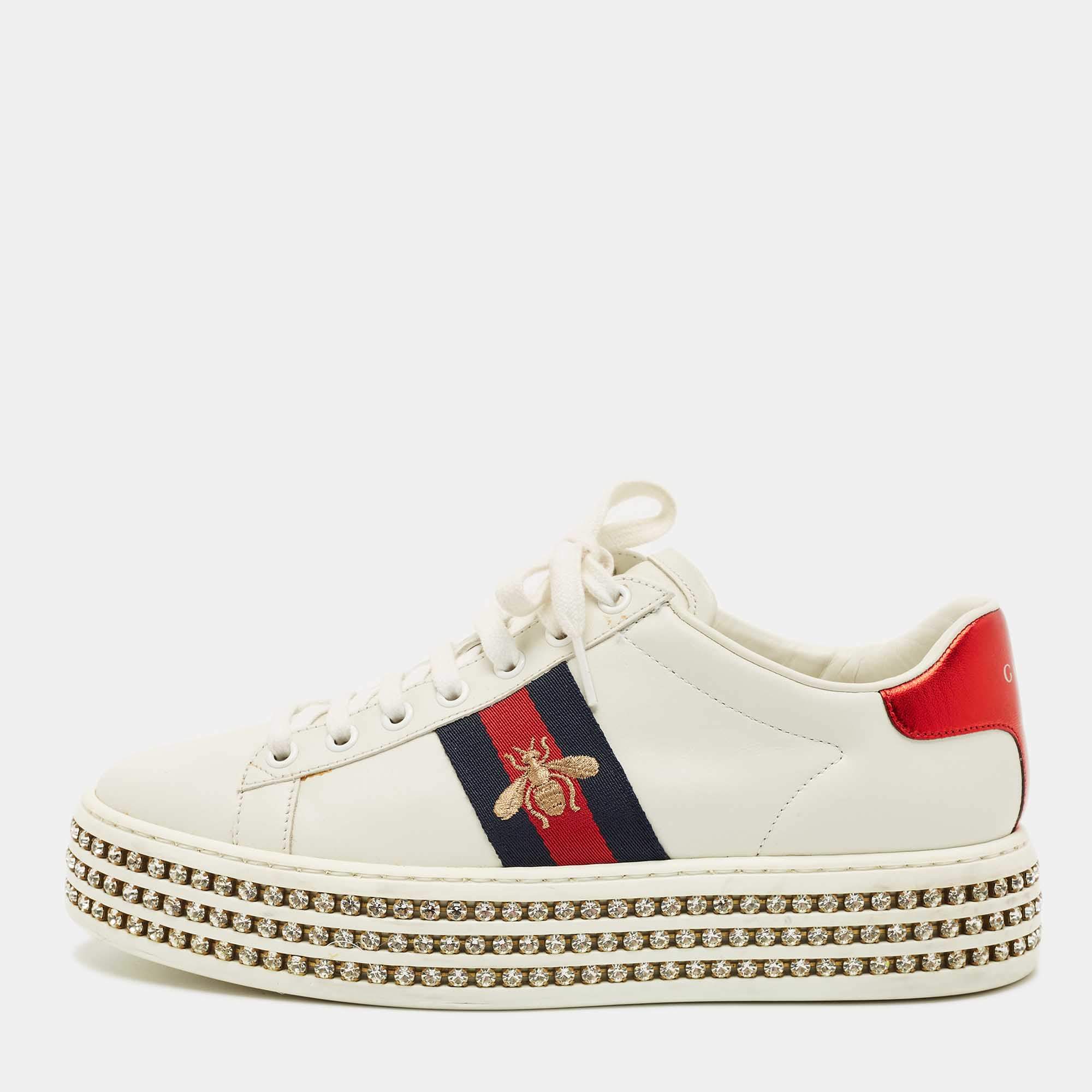 Pre Owned حذاء رياضي غوتشي نيو أيس منصة جلد أبيض مطرز بنحلة مزينة بالكريستال مقاس 38