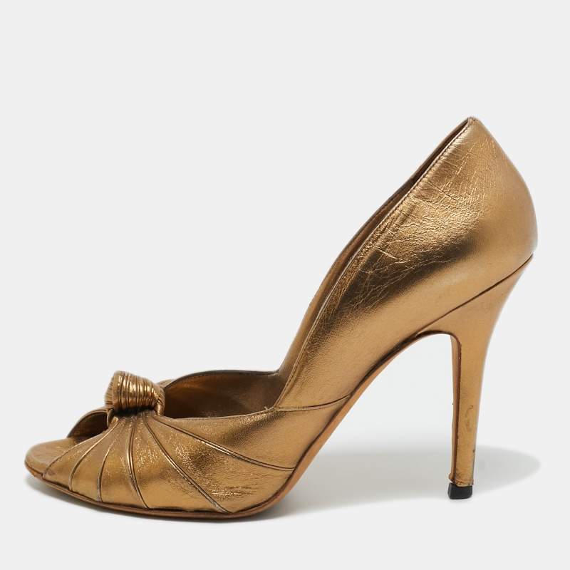 Pre Owned Gucci Metallic Bronze Leather Knot Peep Toe Pumps Size 41