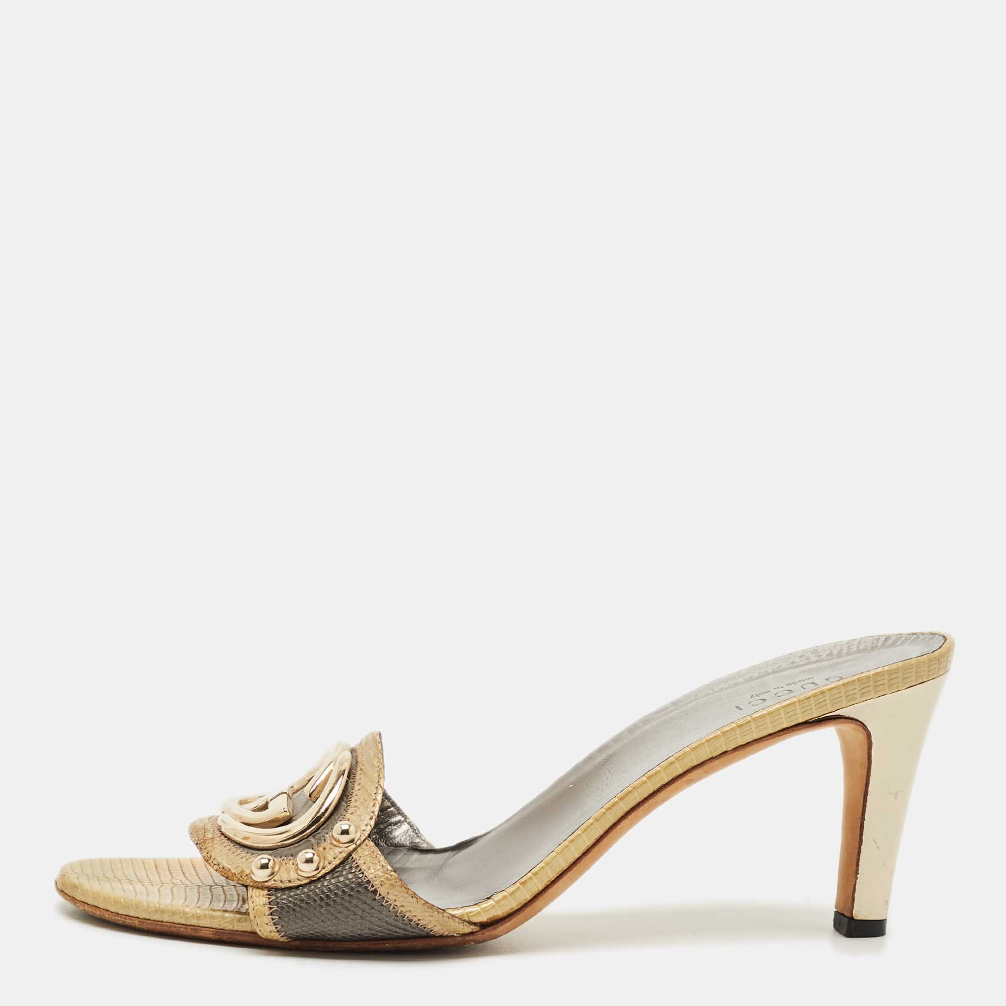 Pre Owned Gucci Grey/Olive Green Croc Embossed  and Lizard Embossed Interlocking G Slide Sandals Size 37.5